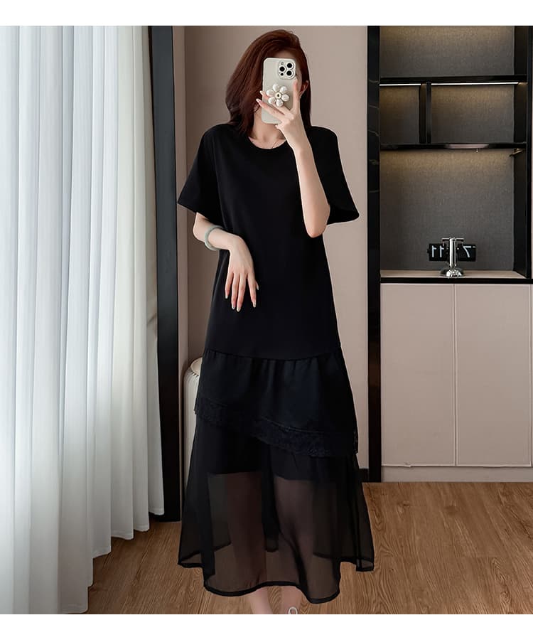 프랑스식 고급 센스 레이스 조각 드레스 2026 여름 빅 사이즈 빛 럭셔리 품격 연령 감소 슬림해 보이는 검정색 롱 스커트 상세 이미지 11
