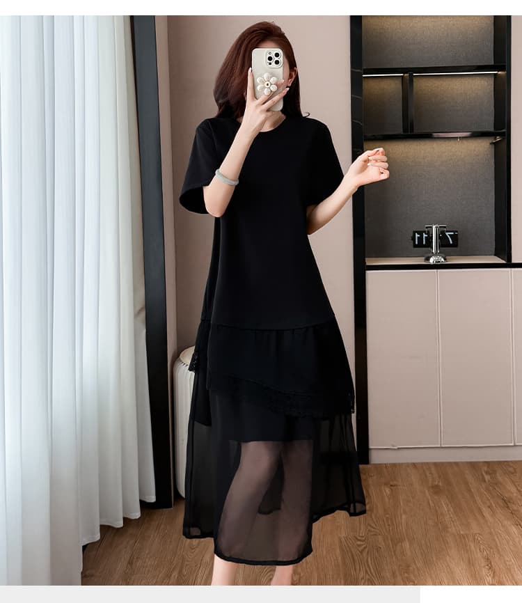 프랑스식 고급 센스 레이스 조각 드레스 2026 여름 빅 사이즈 빛 럭셔리 품격 연령 감소 슬림해 보이는 검정색 롱 스커트 상세 이미지 13