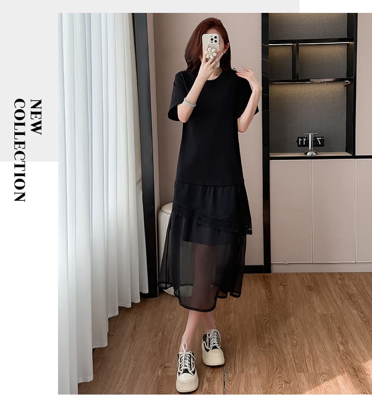 프랑스식 고급 센스 레이스 조각 드레스 2026 여름 빅 사이즈 빛 럭셔리 품격 연령 감소 슬림해 보이는 검정색 롱 스커트 상세 이미지 14