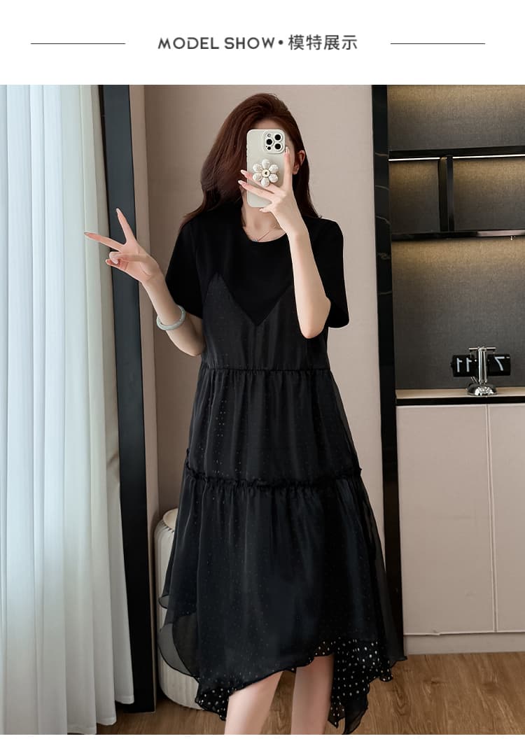 한 부서 고급 센스 꽃무늬 패치워크 드레스 2026 여름 외국 가스 연령 감소 루즈핏 슬림해 보이는 라운드 넥 다용도 티셔츠 치마 상세 이미지 11