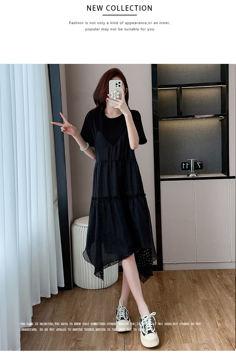 한 부서 고급 센스 꽃무늬 패치워크 드레스 2026 여름 외국 가스 연령 감소 루즈핏 슬림해 보이는 라운드 넥 다용도 티셔츠 치마 상세 이미지 12