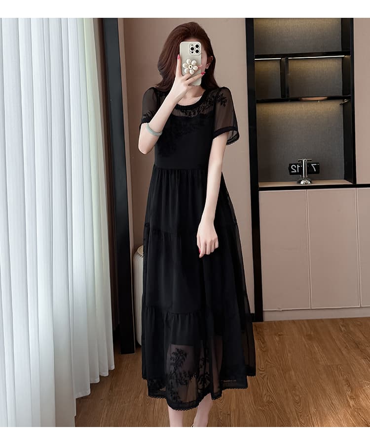 빛 럭셔리 고급 센스 프랑스식 우아함 망사 패치워크 드레스 2026 여름 새로운 슬림해 보이는 다용도 품격 롱 스커트 상세 이미지 12