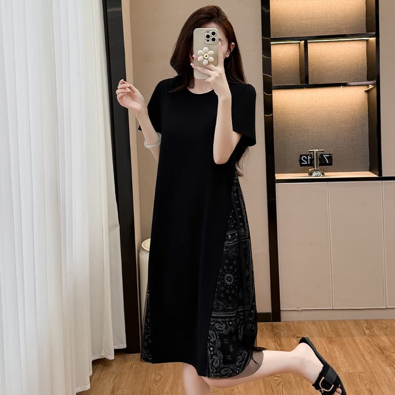 한 부서 고급 센스 꽃무늬 패치워크 드레스 2026 여름 외국 가스 연령 감소 루즈핏 슬림해 보이는 라운드 넥 다용도 티셔츠 치마 이미지 3