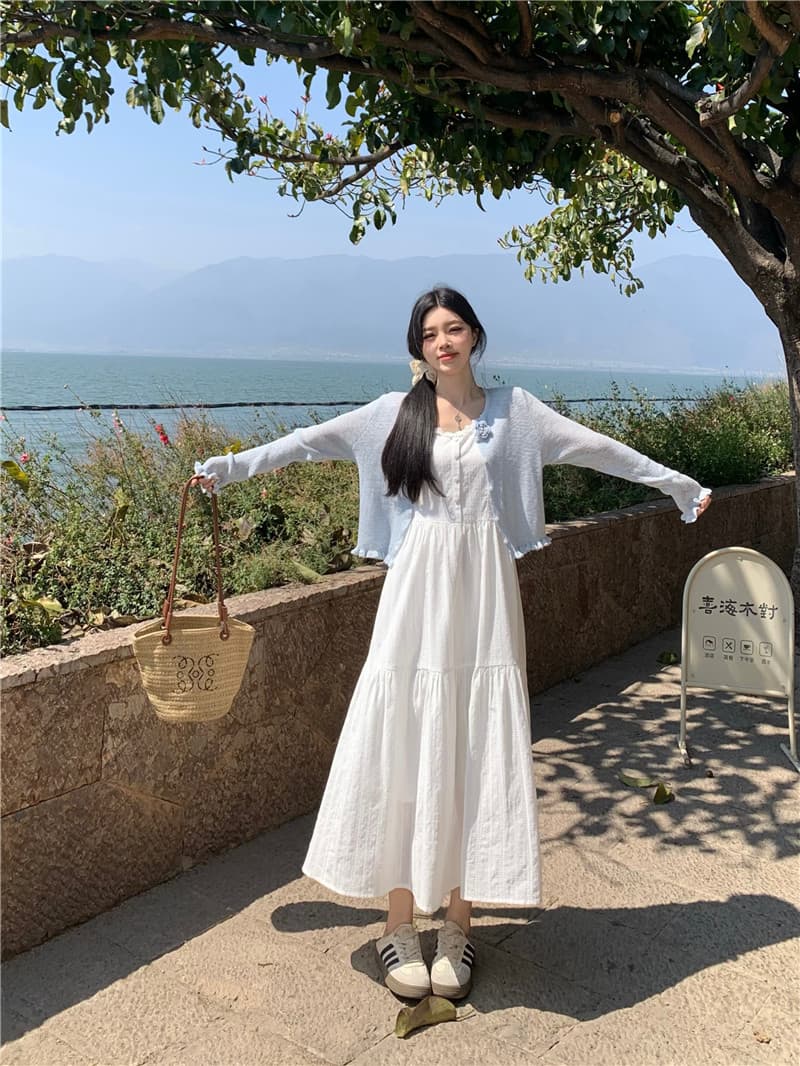 실사 빅 사이즈 부드러운 첫사랑 센스 화이트 슬립 드레스 품격 착용 가져 가라. 슬림해 보이는 부드러운 바람 여름 드레스 상세 이미지 2
