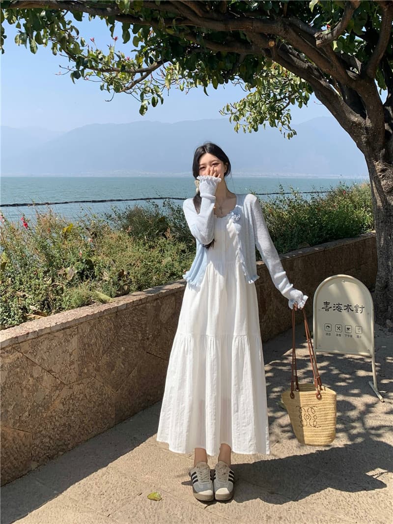 실사 빅 사이즈 부드러운 첫사랑 센스 화이트 슬립 드레스 품격 착용 가져 가라. 슬림해 보이는 부드러운 바람 여름 드레스 상세 이미지 3