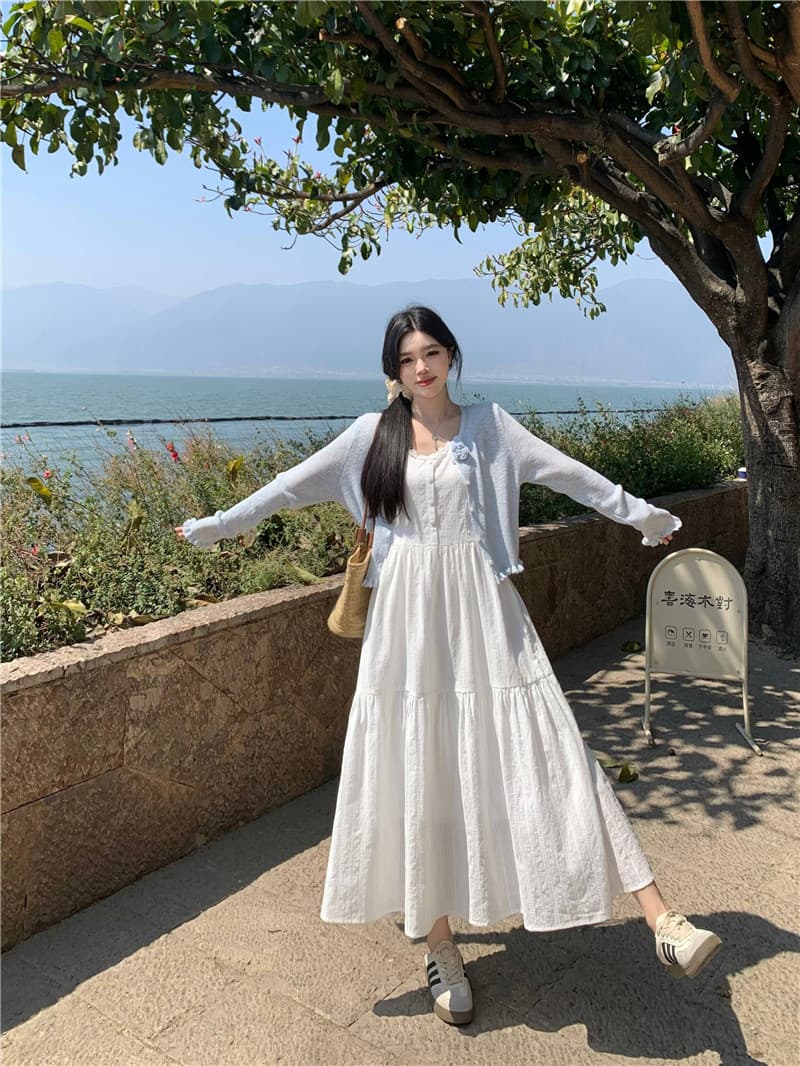 실사 빅 사이즈 부드러운 첫사랑 센스 화이트 슬립 드레스 품격 착용 가져 가라. 슬림해 보이는 부드러운 바람 여름 드레스 상세 이미지 13