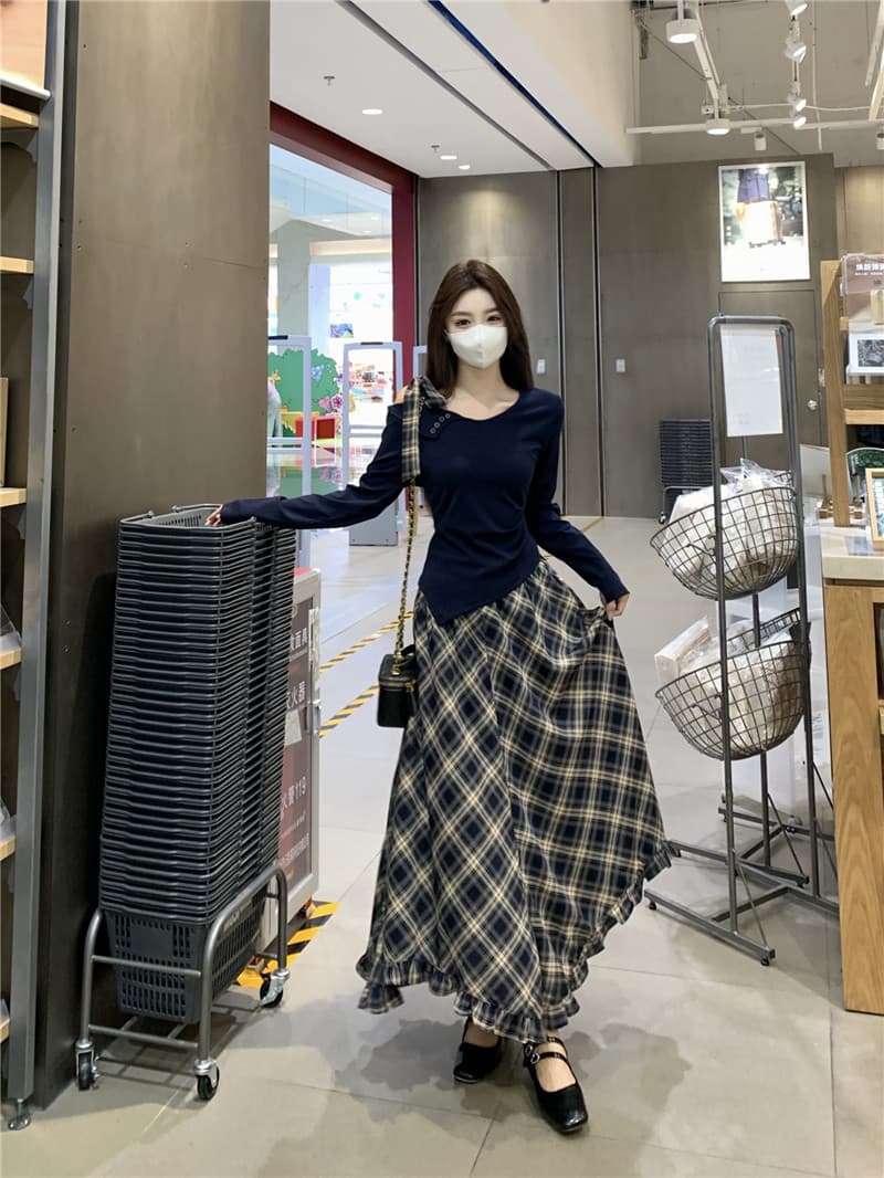 실사 빅 사이즈 비스듬한 어깨 긴팔 맨위 쉬폰 체크무늬 반신 스커트 여성복 얇은 스타일 2026 새로운 드레스 상세 이미지 1