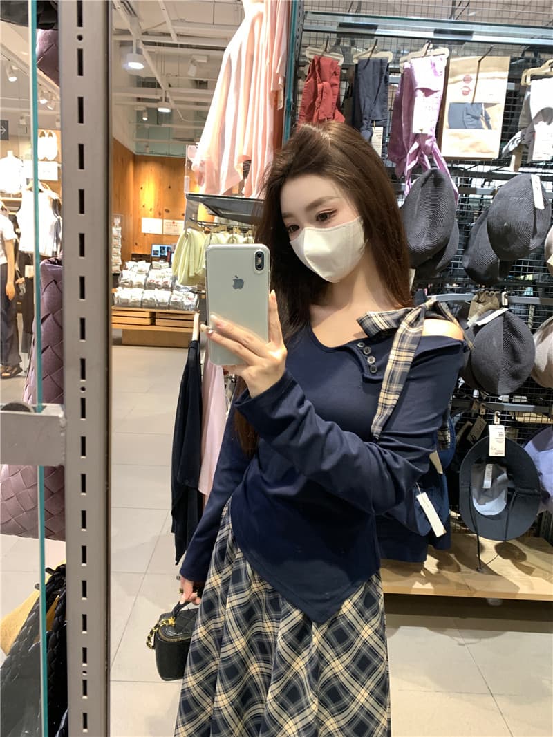 실사 빅 사이즈 비스듬한 어깨 긴팔 맨위 쉬폰 체크무늬 반신 스커트 여성복 얇은 스타일 2026 새로운 드레스 상세 이미지 2