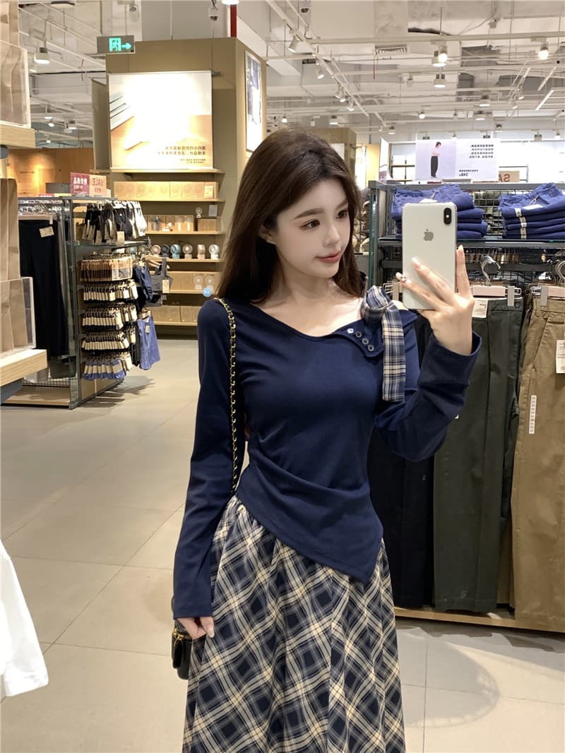 실사 빅 사이즈 비스듬한 어깨 긴팔 맨위 쉬폰 체크무늬 반신 스커트 여성복 얇은 스타일 2026 새로운 드레스 상세 이미지 4
