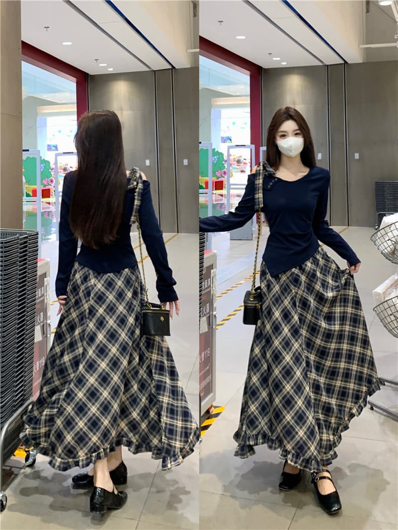 실사 빅 사이즈 비스듬한 어깨 긴팔 맨위 쉬폰 체크무늬 반신 스커트 여성복 얇은 스타일 2026 새로운 드레스 상세 이미지 5
