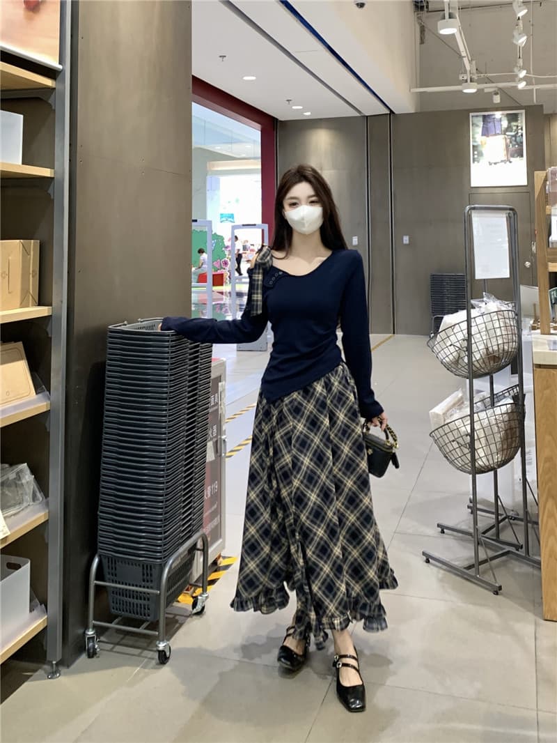 실사 빅 사이즈 비스듬한 어깨 긴팔 맨위 쉬폰 체크무늬 반신 스커트 여성복 얇은 스타일 2026 새로운 드레스 상세 이미지 10