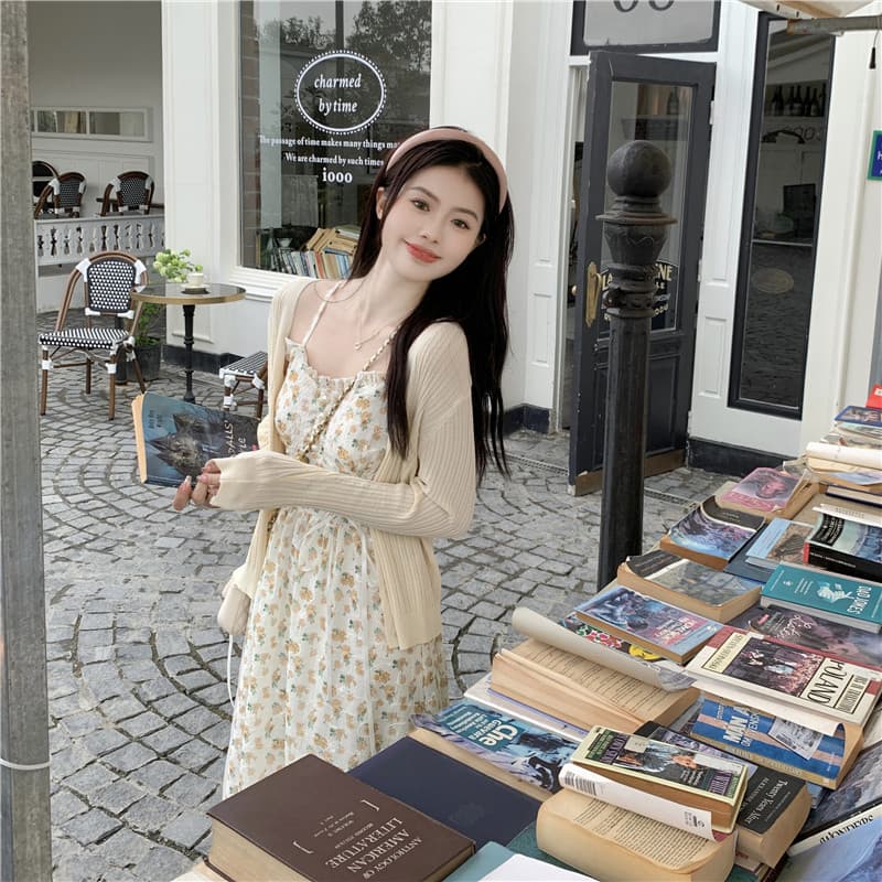 실사 빅 사이즈 2026 새로운 작은 청신 달콤함 롱 스커트 꽃무늬 슬립 점프 슈트 치마 투피스 슈트 여성 여름 이미지 3