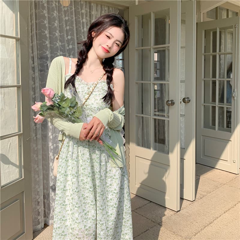 실사 빅 사이즈 2026 새로운 작은 청신 달콤함 롱 스커트 꽃무늬 슬립 점프 슈트 치마 투피스 슈트 여성 여름 상세 이미지 2