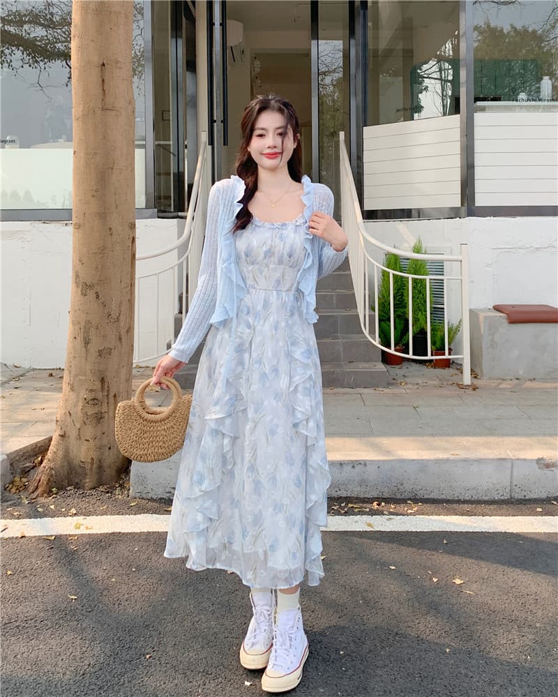 실사 빅 사이즈 2026 새로운 프랑스식 첫사랑 파란색 꽃무늬 슬립 드레스 투피스 세트 요정 가스 롱 스커트 상세 이미지 2