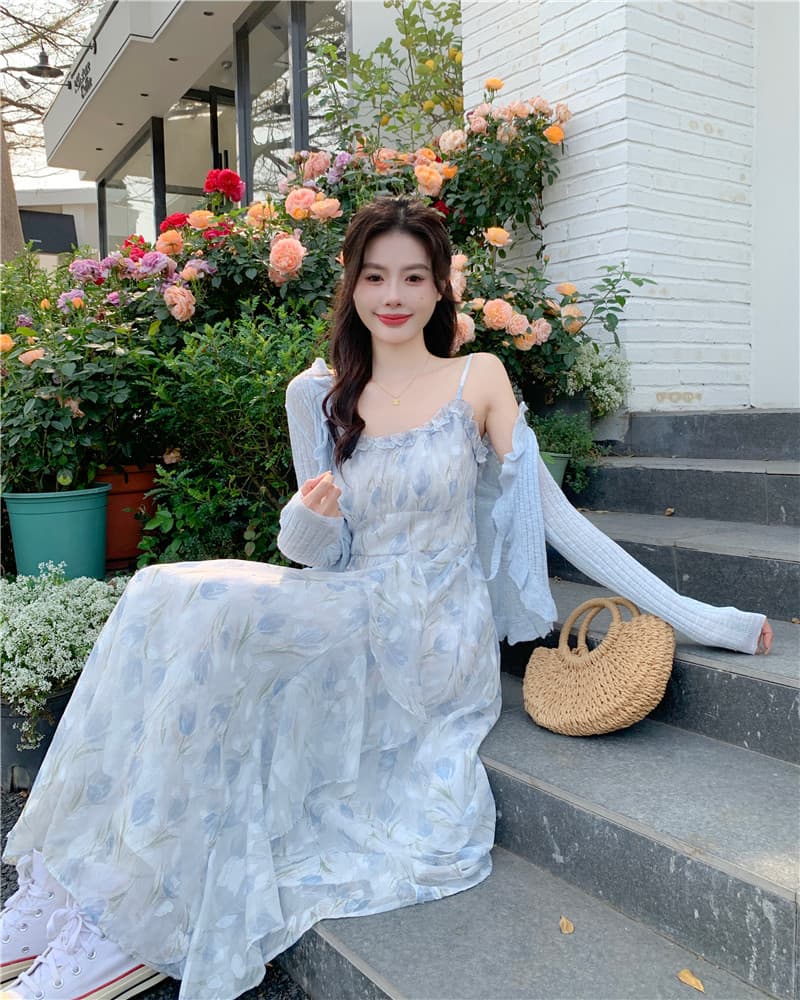 실사 빅 사이즈 2026 새로운 프랑스식 첫사랑 파란색 꽃무늬 슬립 드레스 투피스 세트 요정 가스 롱 스커트 상세 이미지 7