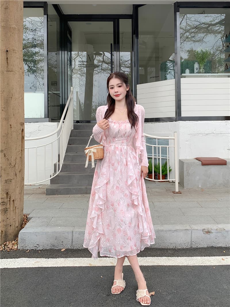 실사 빅 사이즈 2026 새로운 프랑스식 첫사랑 파란색 꽃무늬 슬립 드레스 투피스 세트 요정 가스 롱 스커트 상세 이미지 19