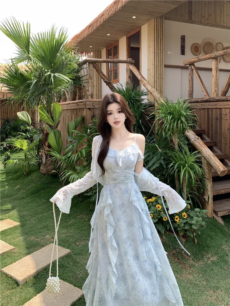 실사 빅 사이즈 프랑스식 꽃무늬 치마 여성 2026 봄 여름 새로운 니트 블라우스 프릴 슬립 드레스 투피스 세트 이미지 3