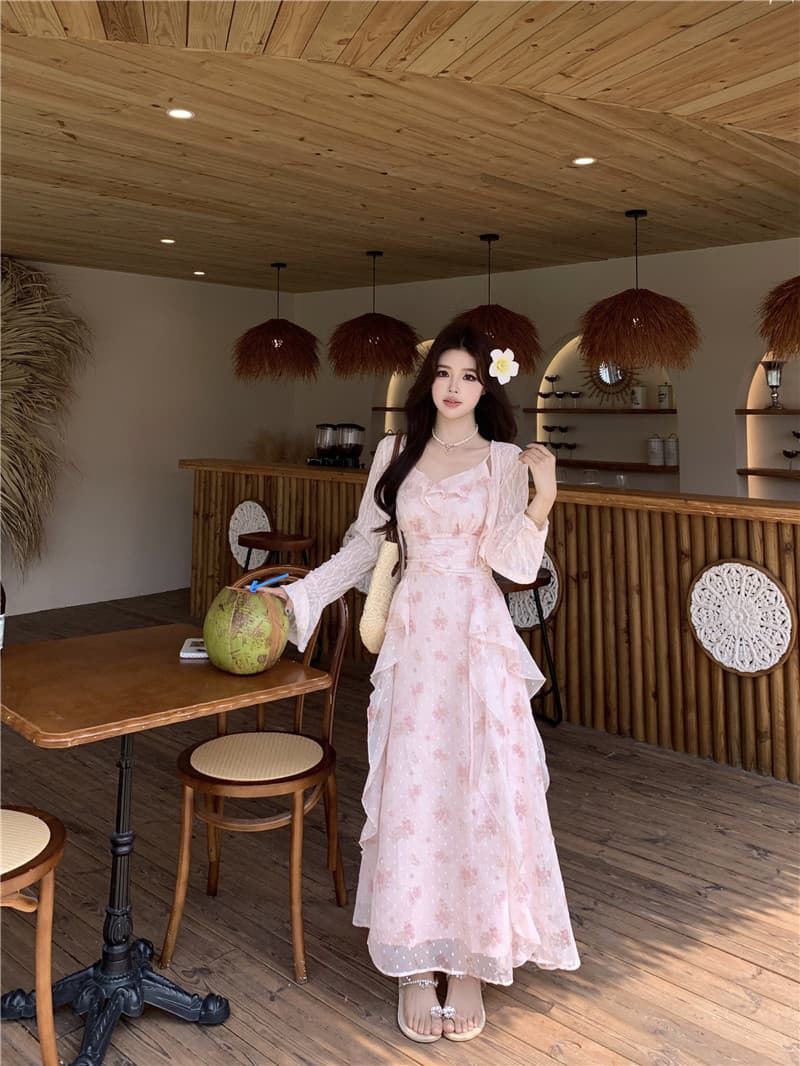 실사 빅 사이즈 프랑스식 꽃무늬 치마 여성 2026 봄 여름 새로운 니트 블라우스 프릴 슬립 드레스 투피스 세트 상세 이미지 1