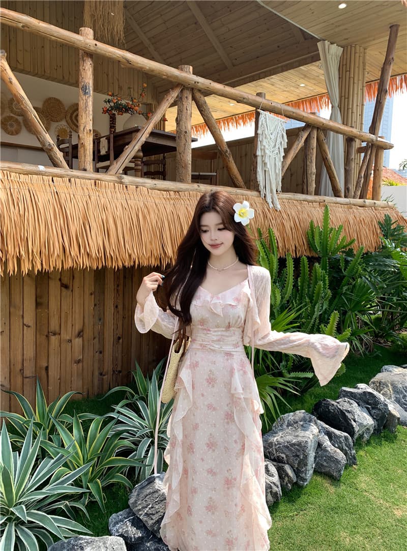 실사 빅 사이즈 프랑스식 꽃무늬 치마 여성 2026 봄 여름 새로운 니트 블라우스 프릴 슬립 드레스 투피스 세트 상세 이미지 12