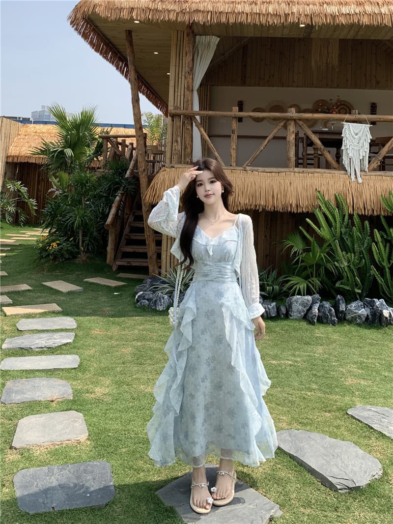 실사 빅 사이즈 프랑스식 꽃무늬 치마 여성 2026 봄 여름 새로운 니트 블라우스 프릴 슬립 드레스 투피스 세트 상세 이미지 20