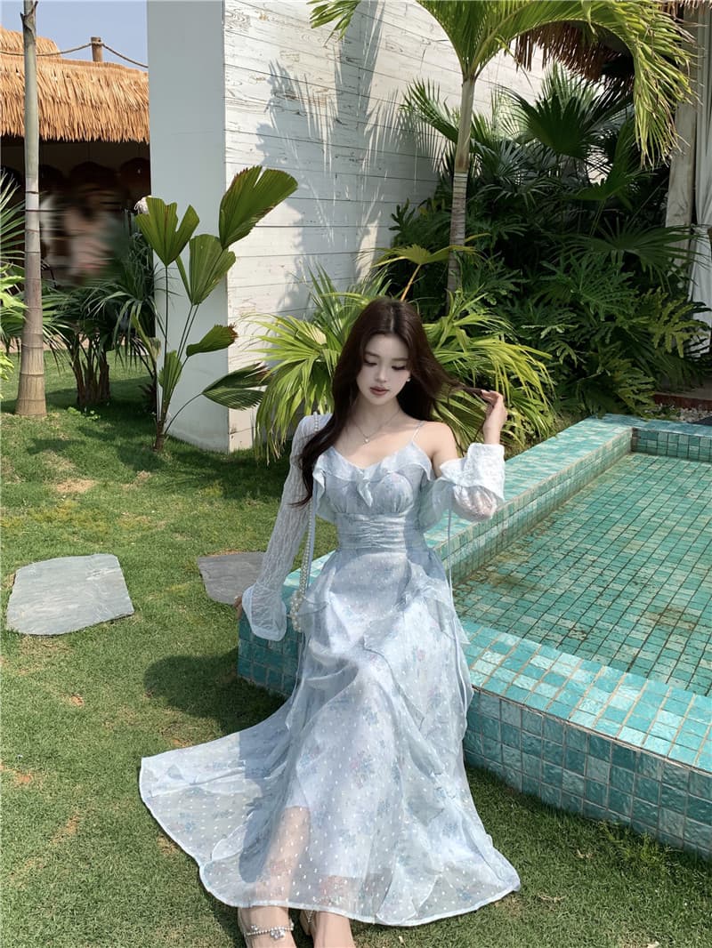 실사 빅 사이즈 프랑스식 꽃무늬 치마 여성 2026 봄 여름 새로운 니트 블라우스 프릴 슬립 드레스 투피스 세트 상세 이미지 21