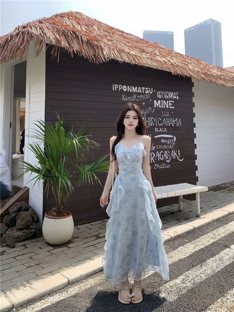 실사 빅 사이즈 프랑스식 꽃무늬 치마 여성 2026 봄 여름 새로운 니트 블라우스 프릴 슬립 드레스 투피스 세트 상세 이미지 23