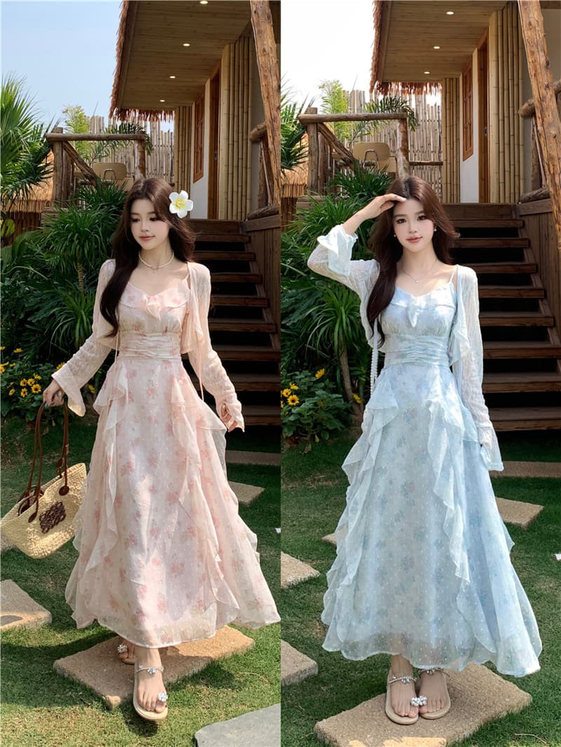 실사 빅 사이즈 프랑스식 꽃무늬 치마 여성 2026 봄 여름 새로운 니트 블라우스 프릴 슬립 드레스 투피스 세트 상세 이미지 29