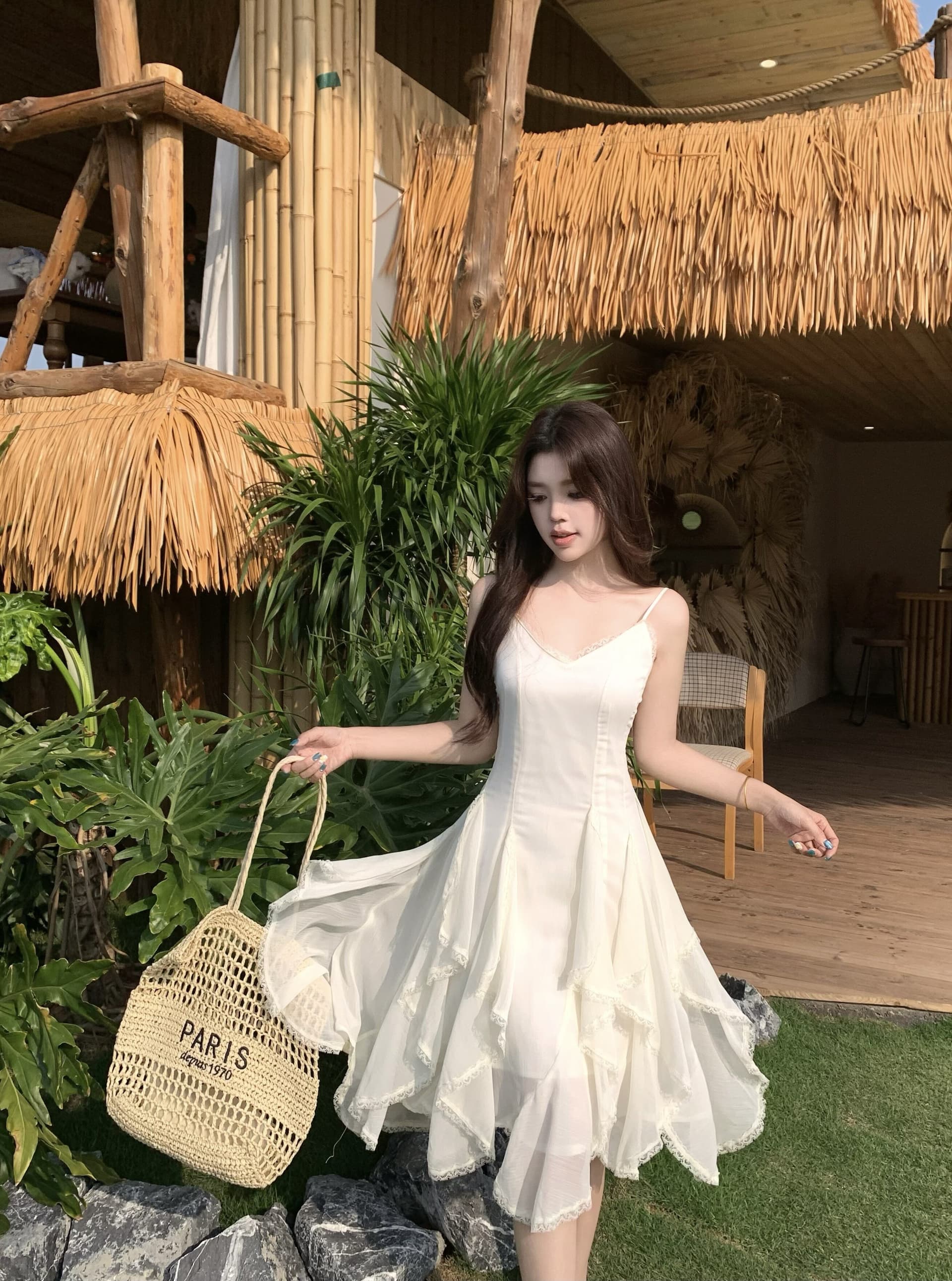 실사 빅 사이즈 레이스 패치워크 디자인 센스 Tulle 레이스 슬립 여성 드레스 봄 몸매 가꾸기 민소매 치마 이미지 3
