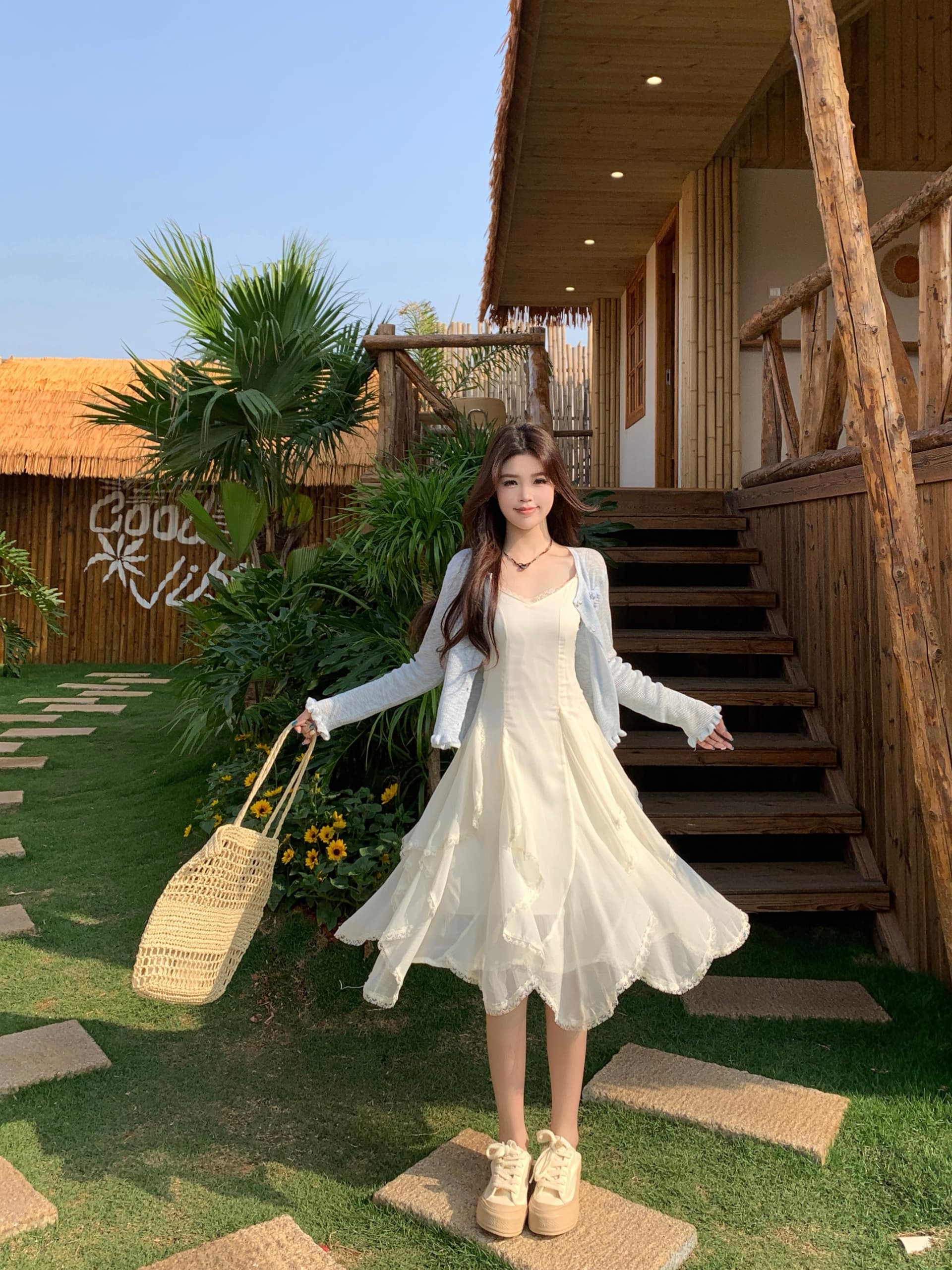 실사 빅 사이즈 레이스 패치워크 디자인 센스 Tulle 레이스 슬립 여성 드레스 봄 몸매 가꾸기 민소매 치마 상세 이미지 14