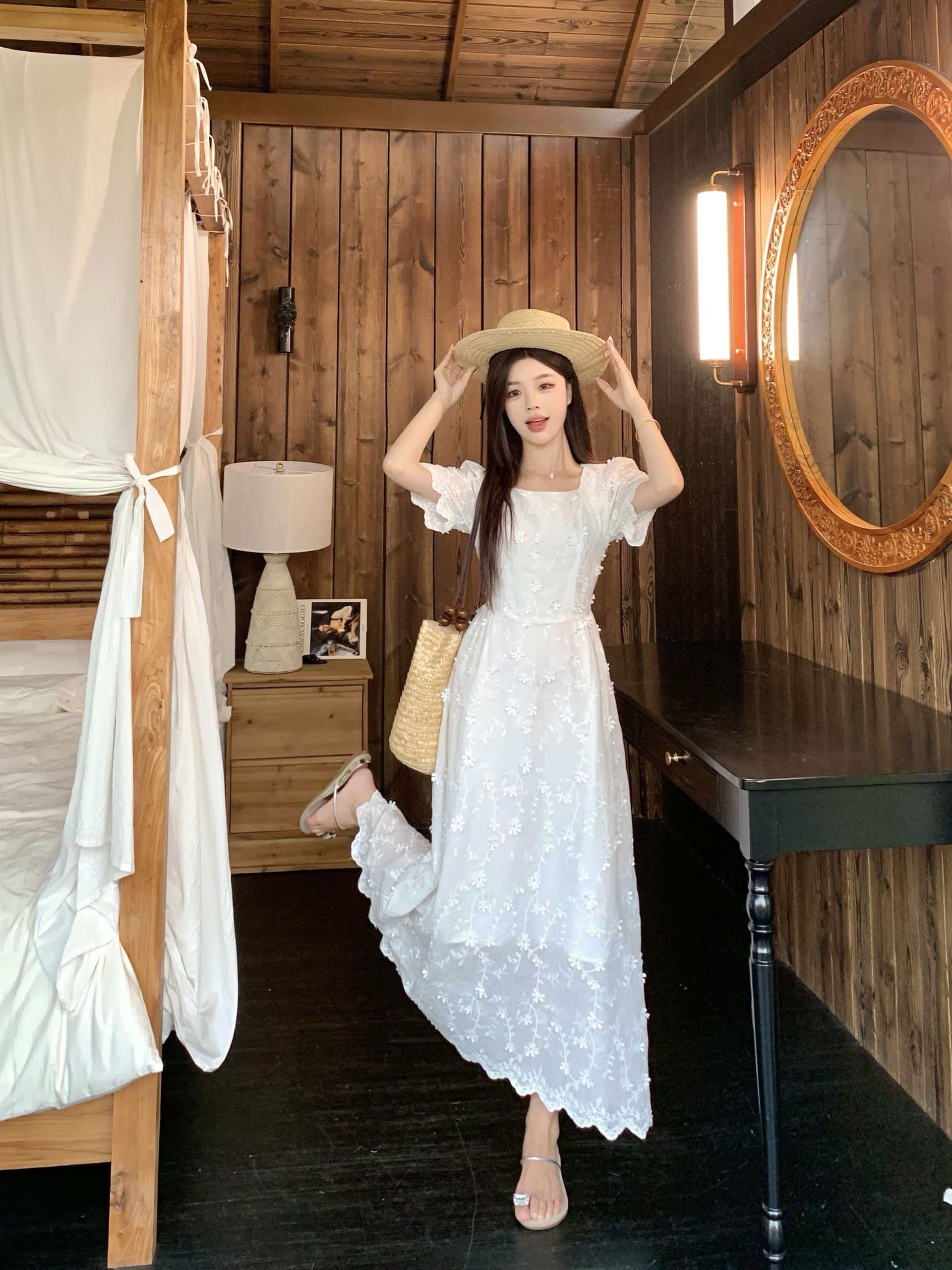 빅 사이즈 프랑스식 광장 칼라 자수 여성 드레스 여름 새로운 고급 센스 샤오 바이 치마 지방 mm 슬림해 보이는 허리 수축 치마 상세 이미지 1