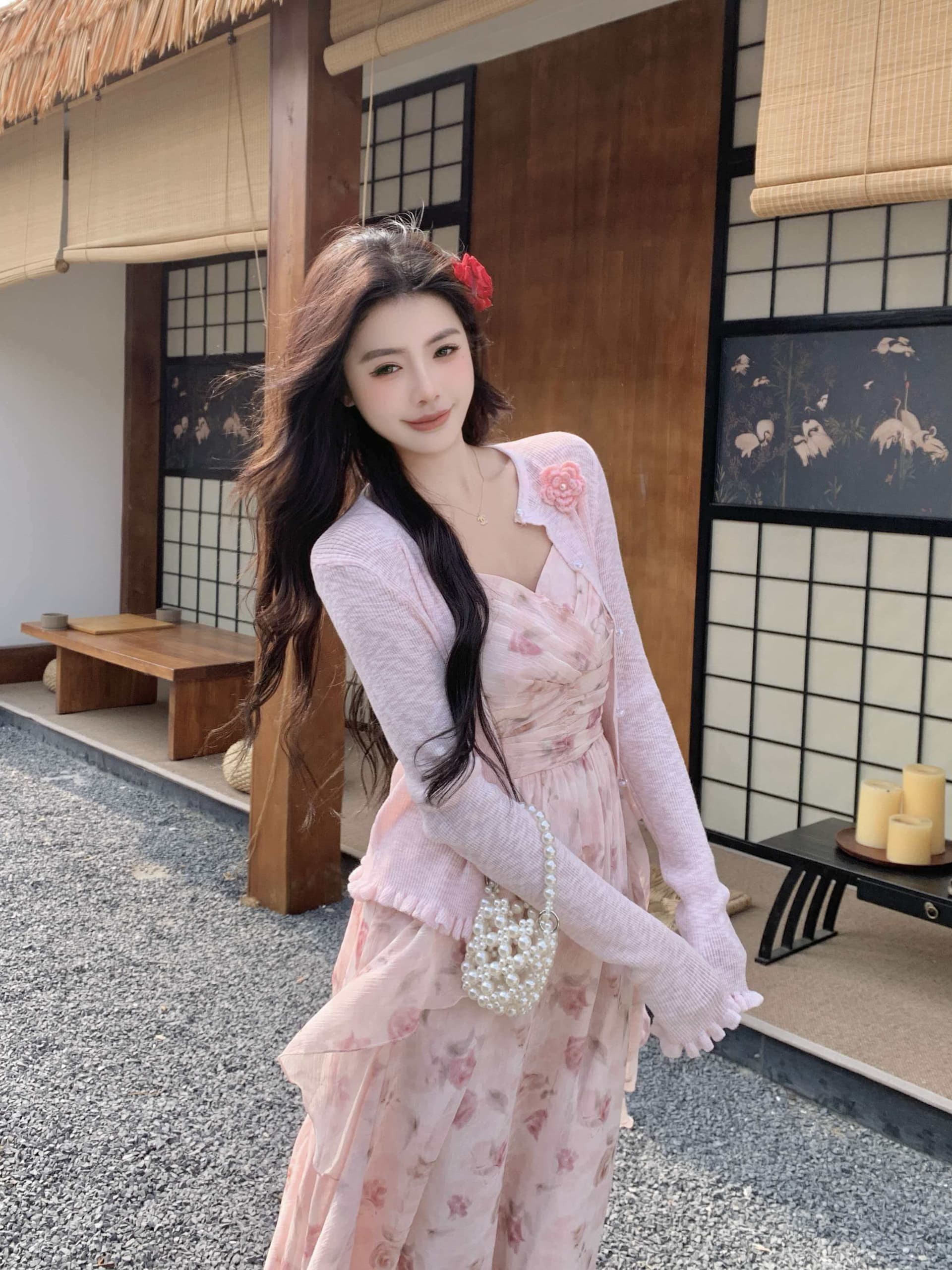 실사 부드러운 프랑스식 아름다운 롱 스커트 해변가 휴가 핑크색 꽃무늬 슬립 점프 슈트 치마 세트 여성 여름 상세 이미지 7
