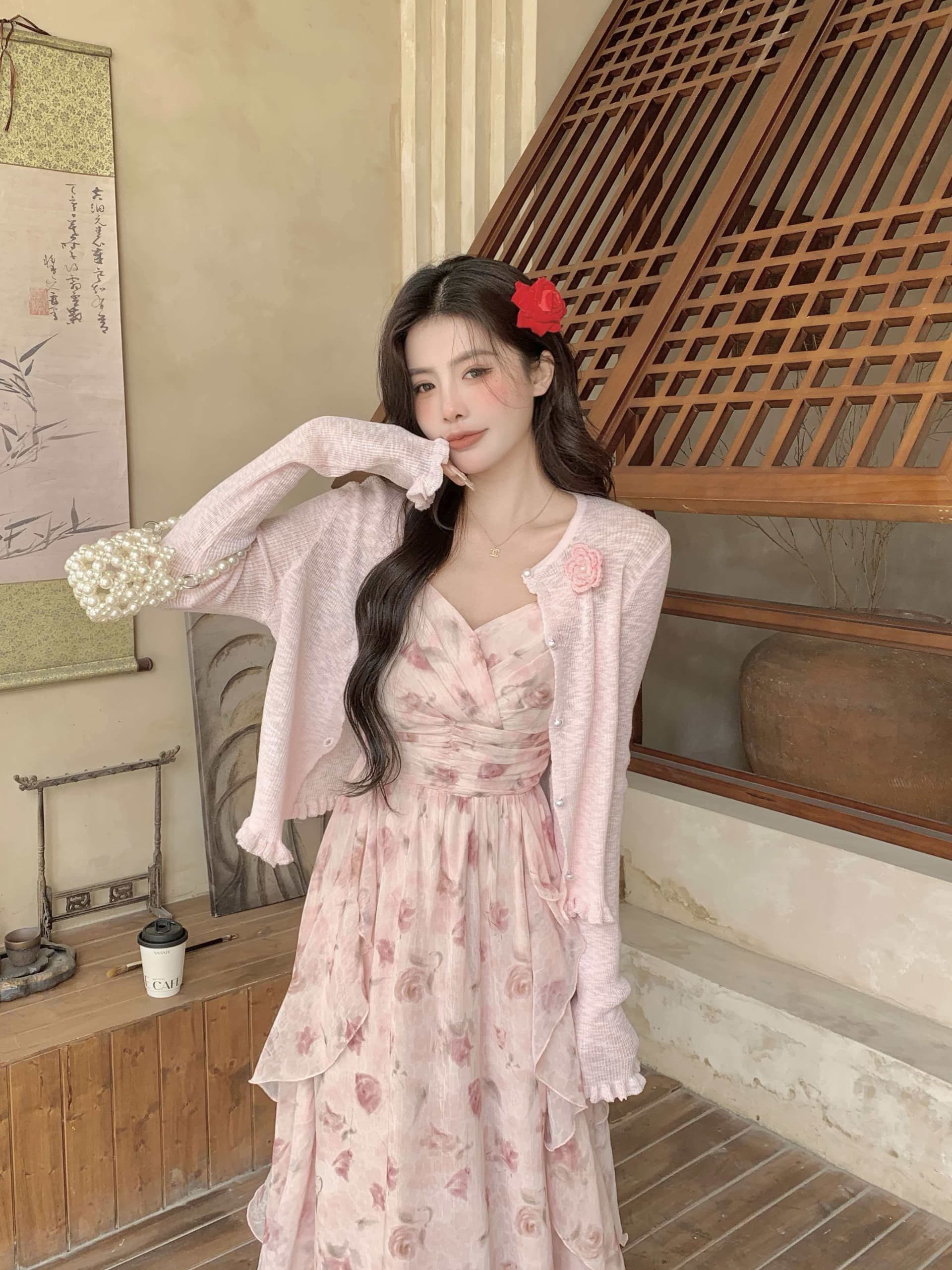 실사 부드러운 프랑스식 아름다운 롱 스커트 해변가 휴가 핑크색 꽃무늬 슬립 점프 슈트 치마 세트 여성 여름 상세 이미지 8