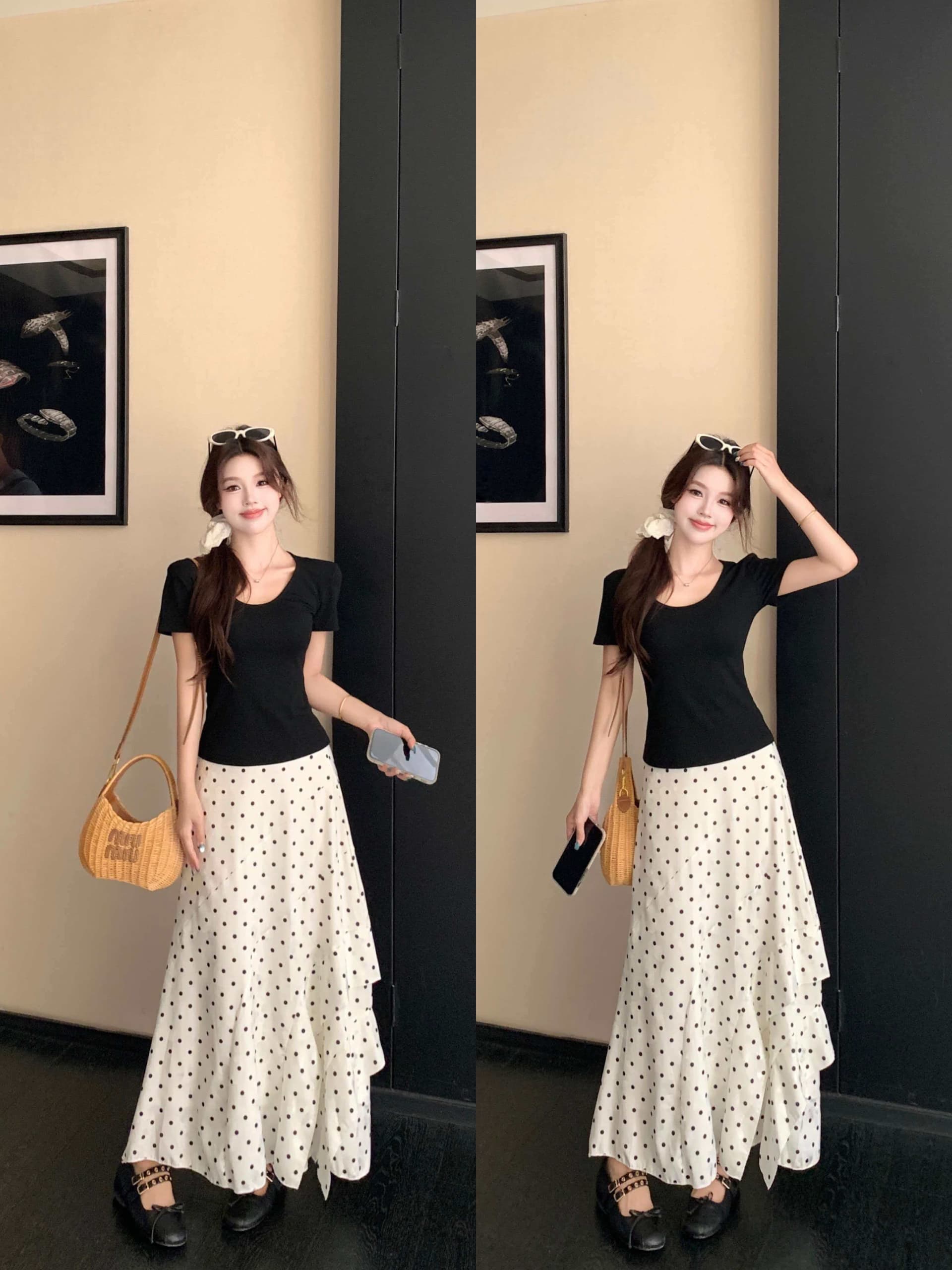 실사 빅 사이즈 여름 분위기 센스 반팔 티셔츠 맨위 도트 무늬 불규칙 반신 롱 스커트 투피스 슈트 여성