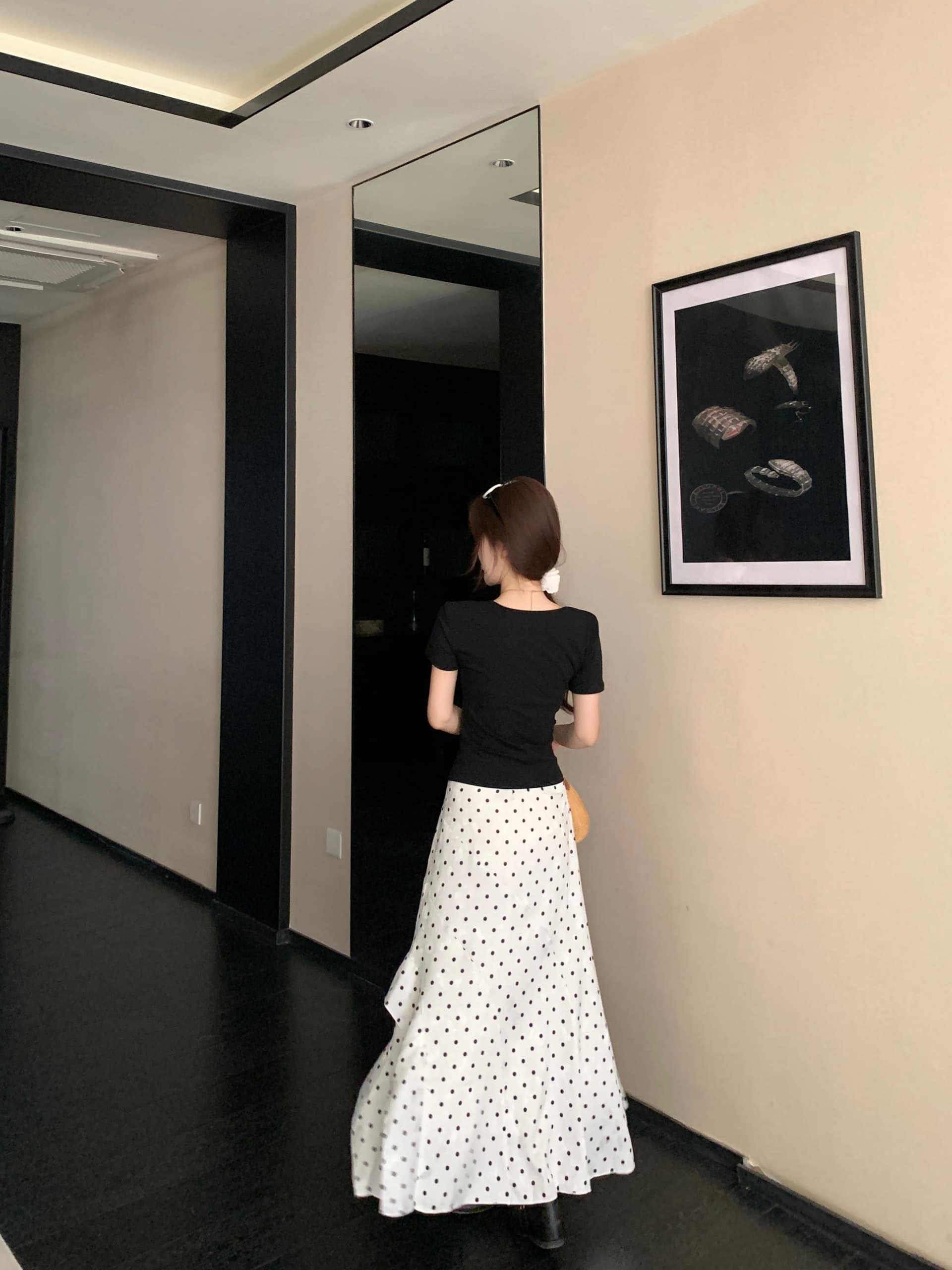 실사 빅 사이즈 여름 분위기 센스 반팔 티셔츠 맨위 도트 무늬 불규칙 반신 롱 스커트 투피스 슈트 여성 상세 이미지 13