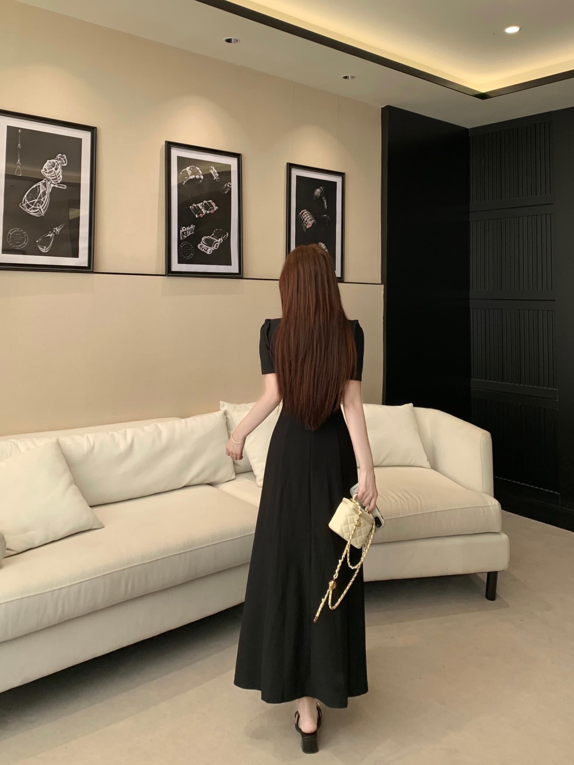 실사 프랑스식 그는 벤 바람 여성 드레스 2026 아모이 품격 허리 수축 슬림해 보이는 고급 센스 검정색 롱 스커트 상세 이미지 3