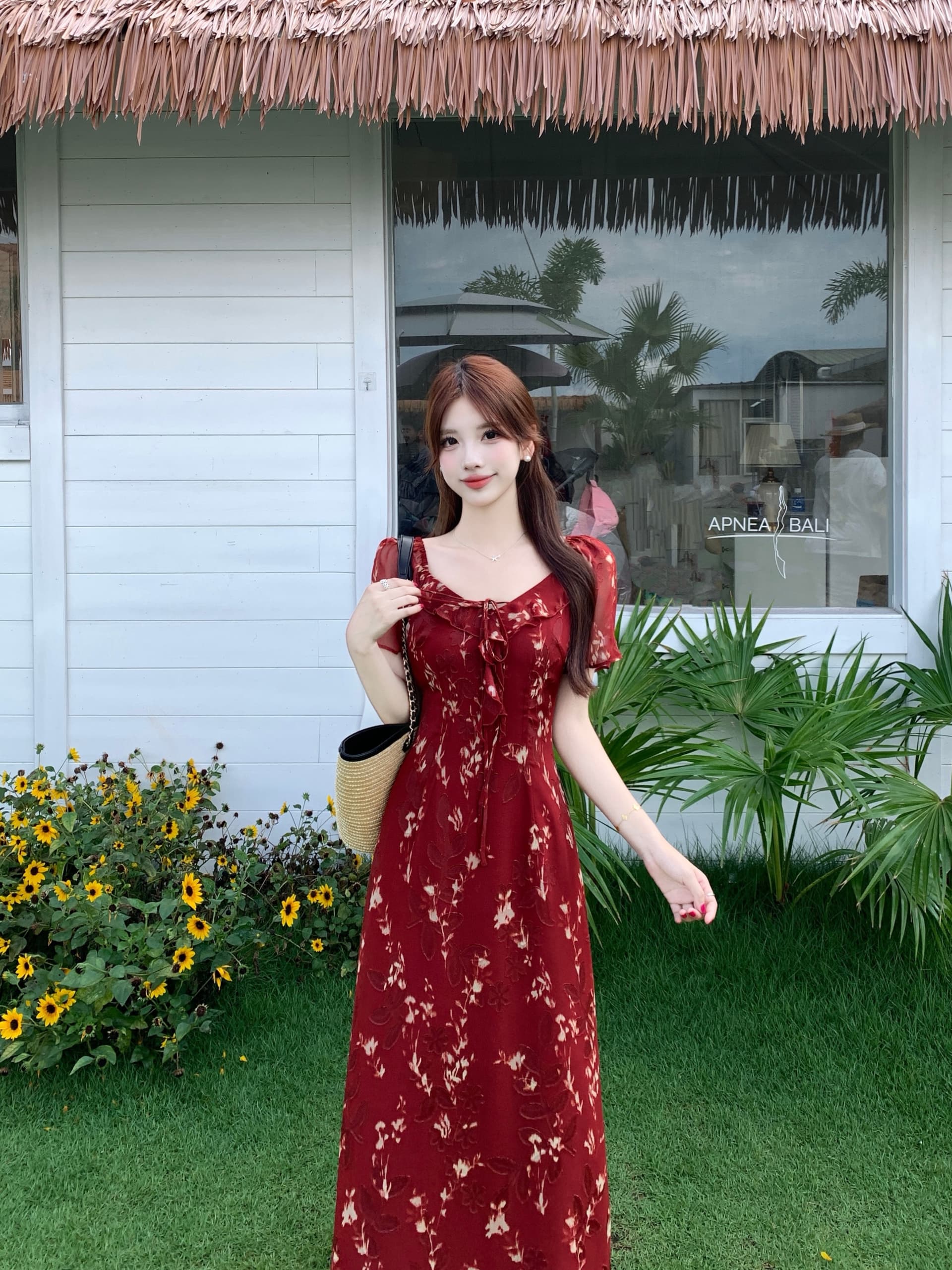 실사 빅 사이즈 2026 년 새로운 레트로 화상 꽃 프린트 여성 드레스 여름 가벼움 쉬폰 빨간색 드레스 이미지 3