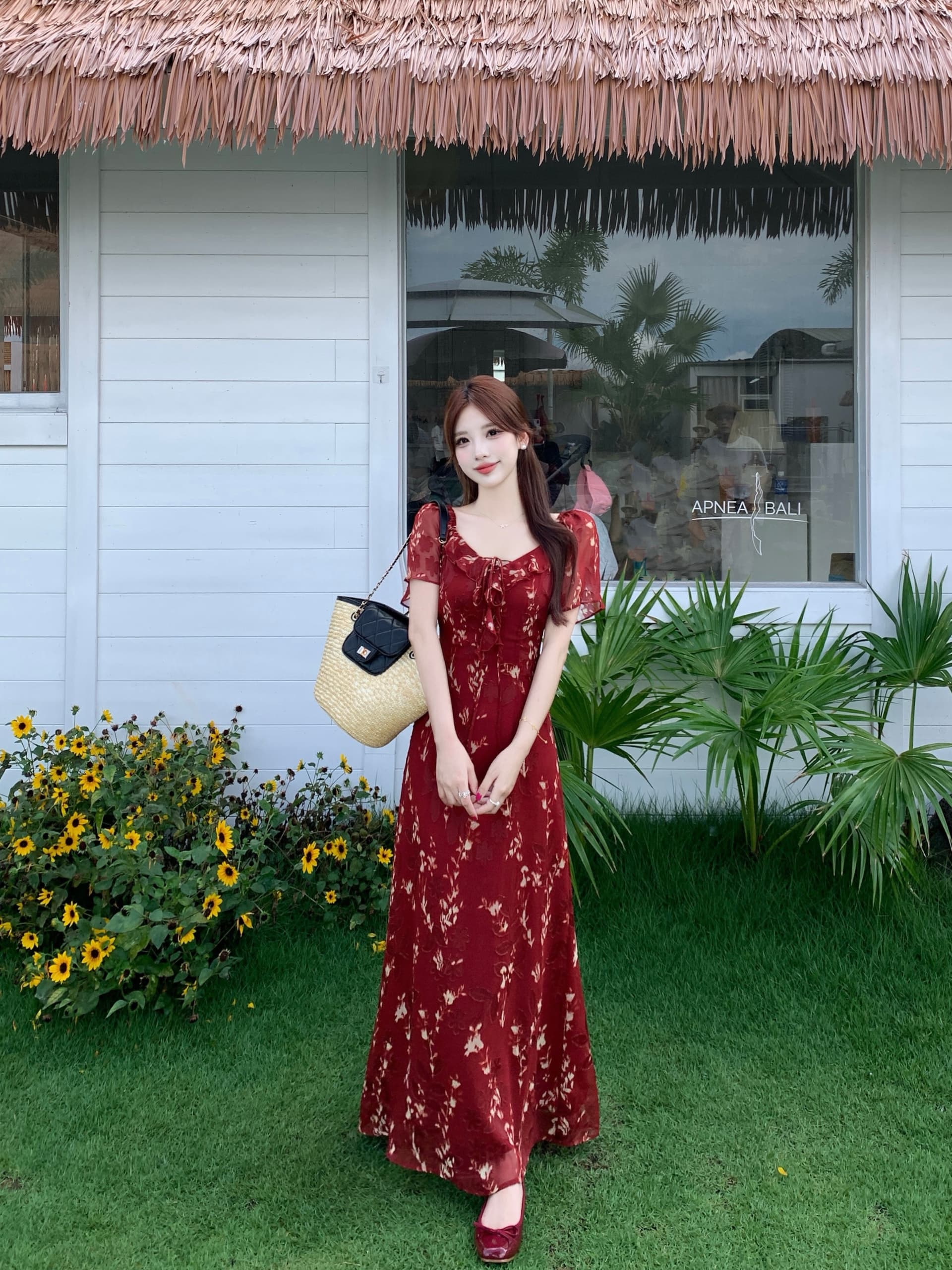 실사 빅 사이즈 2026 년 새로운 레트로 화상 꽃 프린트 여성 드레스 여름 가벼움 쉬폰 빨간색 드레스 상세 이미지 1