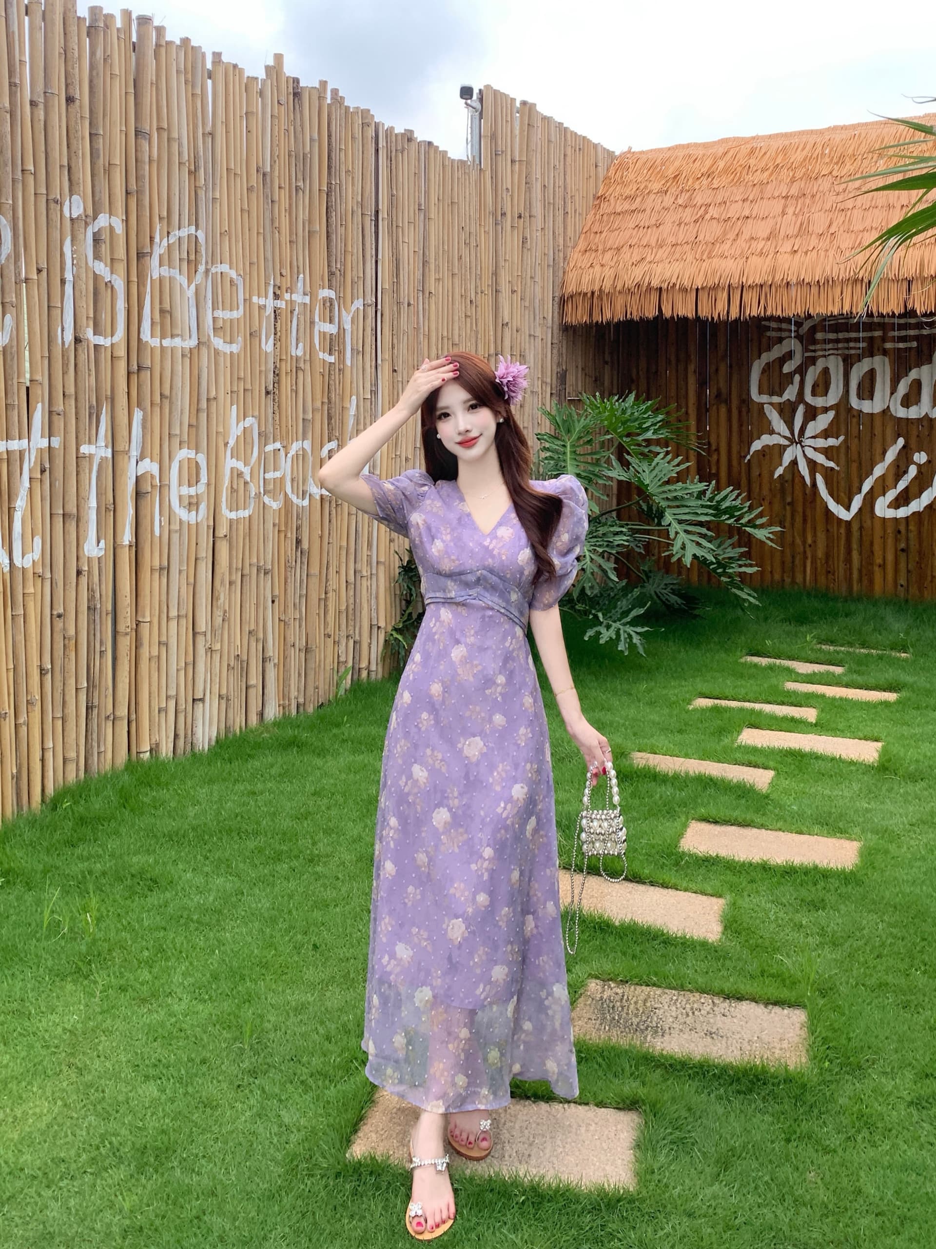 실사 빅 사이즈 프랑스식 V넥 거품 소매 꽃무늬 여성 드레스 여름 새로운 허리 수축 슬림해 보이는 부드러운 품격 치마 상세 이미지 2