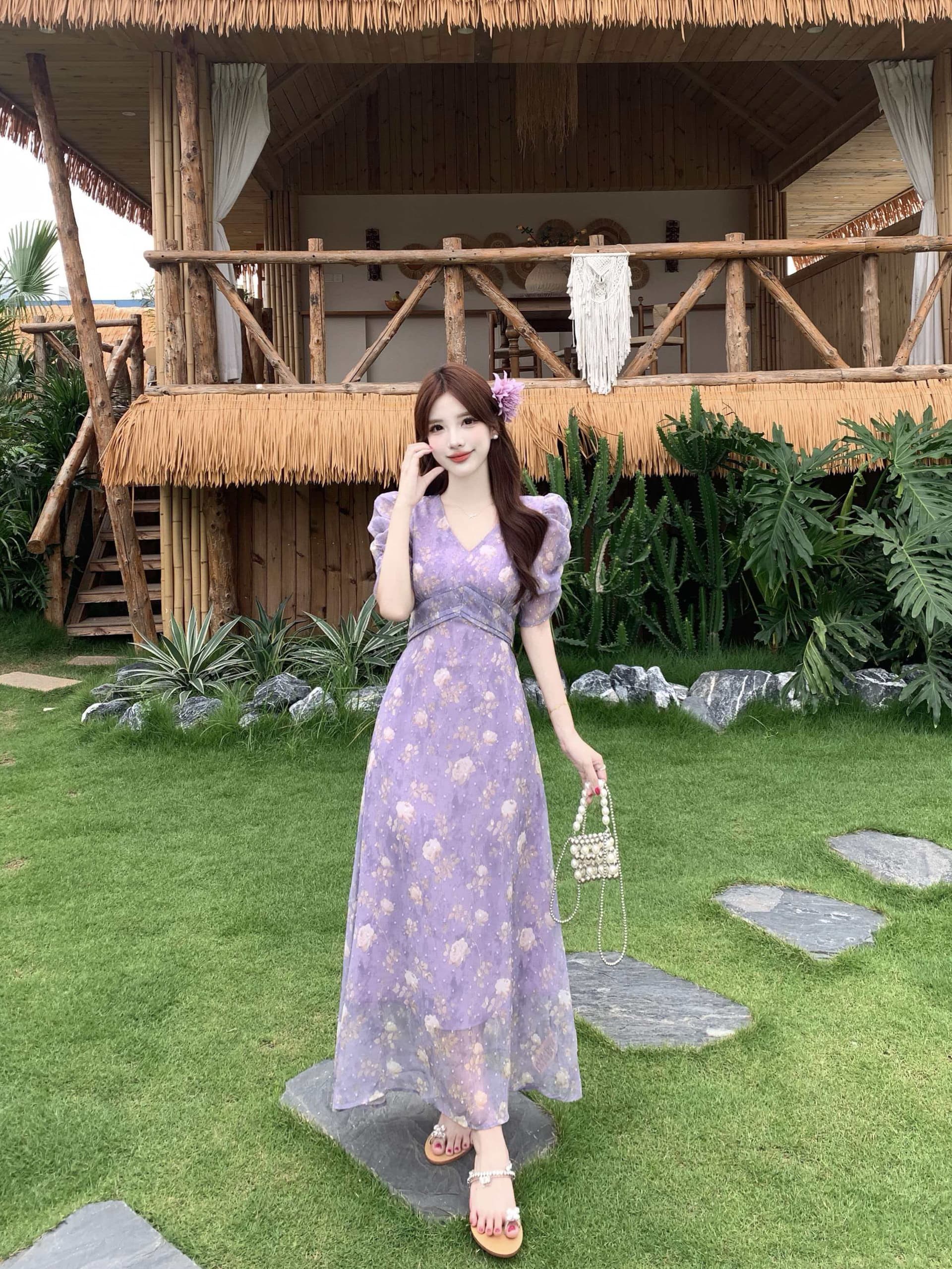 실사 빅 사이즈 프랑스식 V넥 거품 소매 꽃무늬 여성 드레스 여름 새로운 허리 수축 슬림해 보이는 부드러운 품격 치마 상세 이미지 8