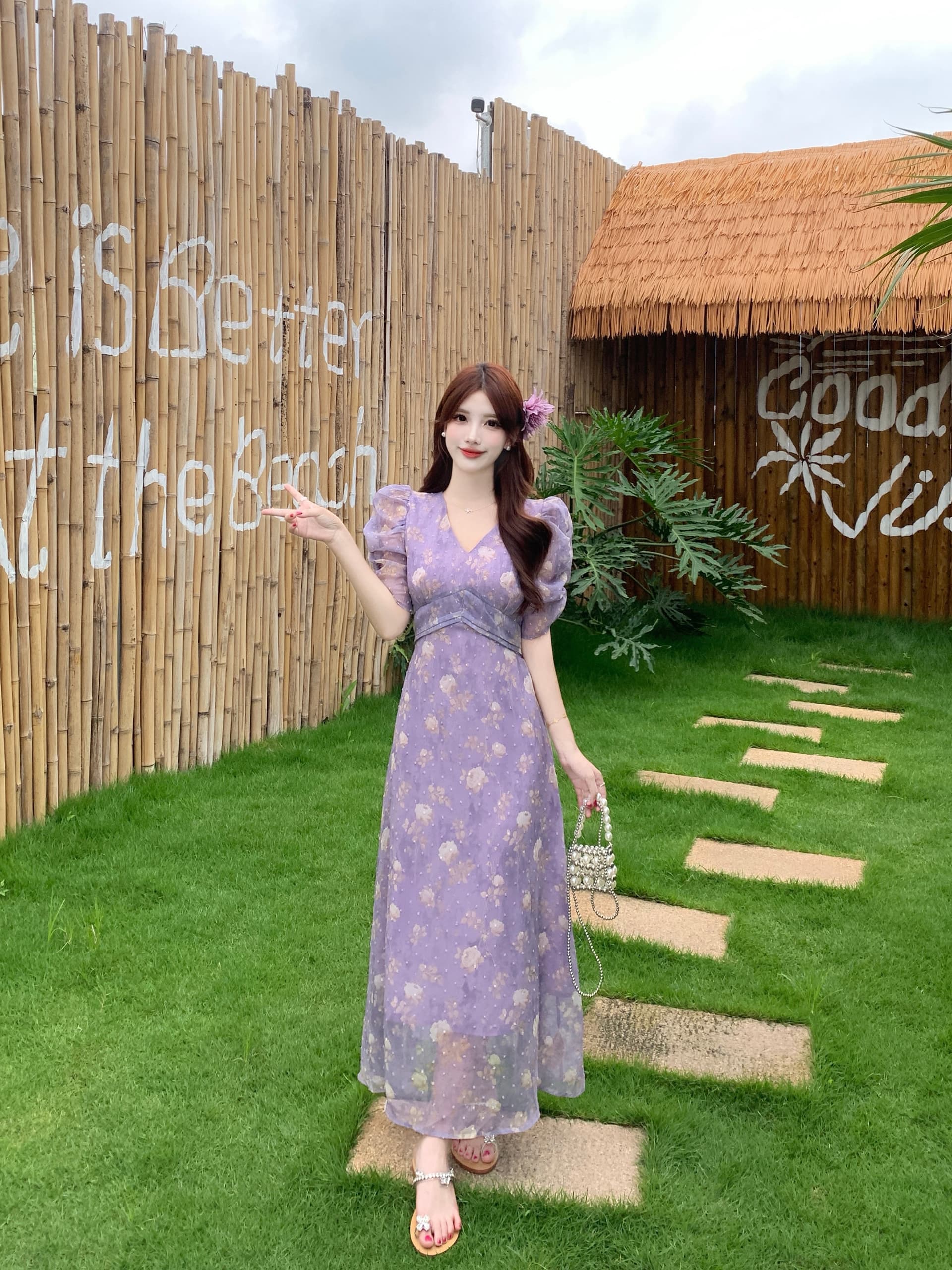 실사 빅 사이즈 프랑스식 V넥 거품 소매 꽃무늬 여성 드레스 여름 새로운 허리 수축 슬림해 보이는 부드러운 품격 치마 상세 이미지 10
