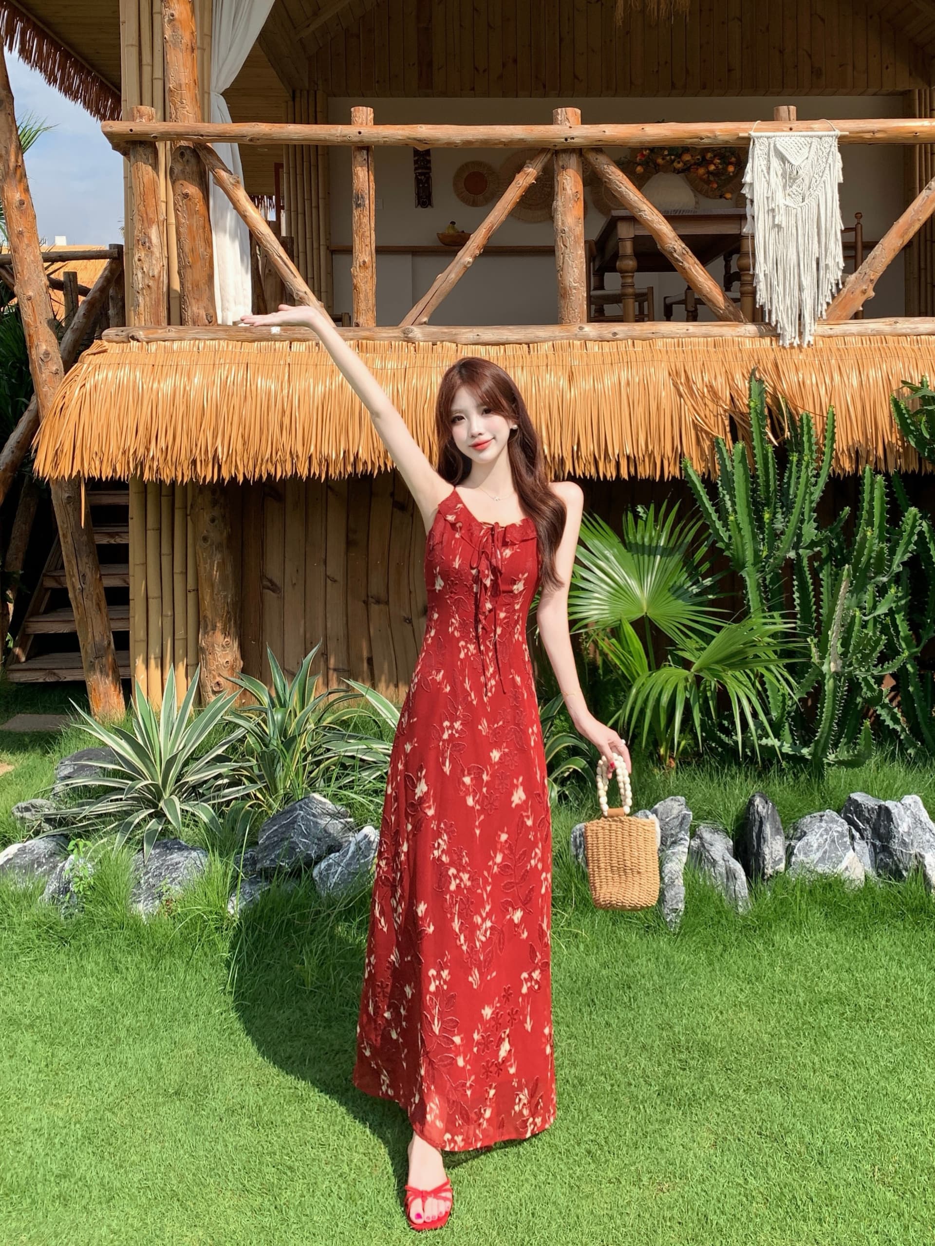 실사 빅 사이즈 레트로 전단 꽃 자수 휴가 바람 여성 드레스 여름 가벼움 쉬폰 빨간색 슬립 롱 스커트 상세 이미지 5