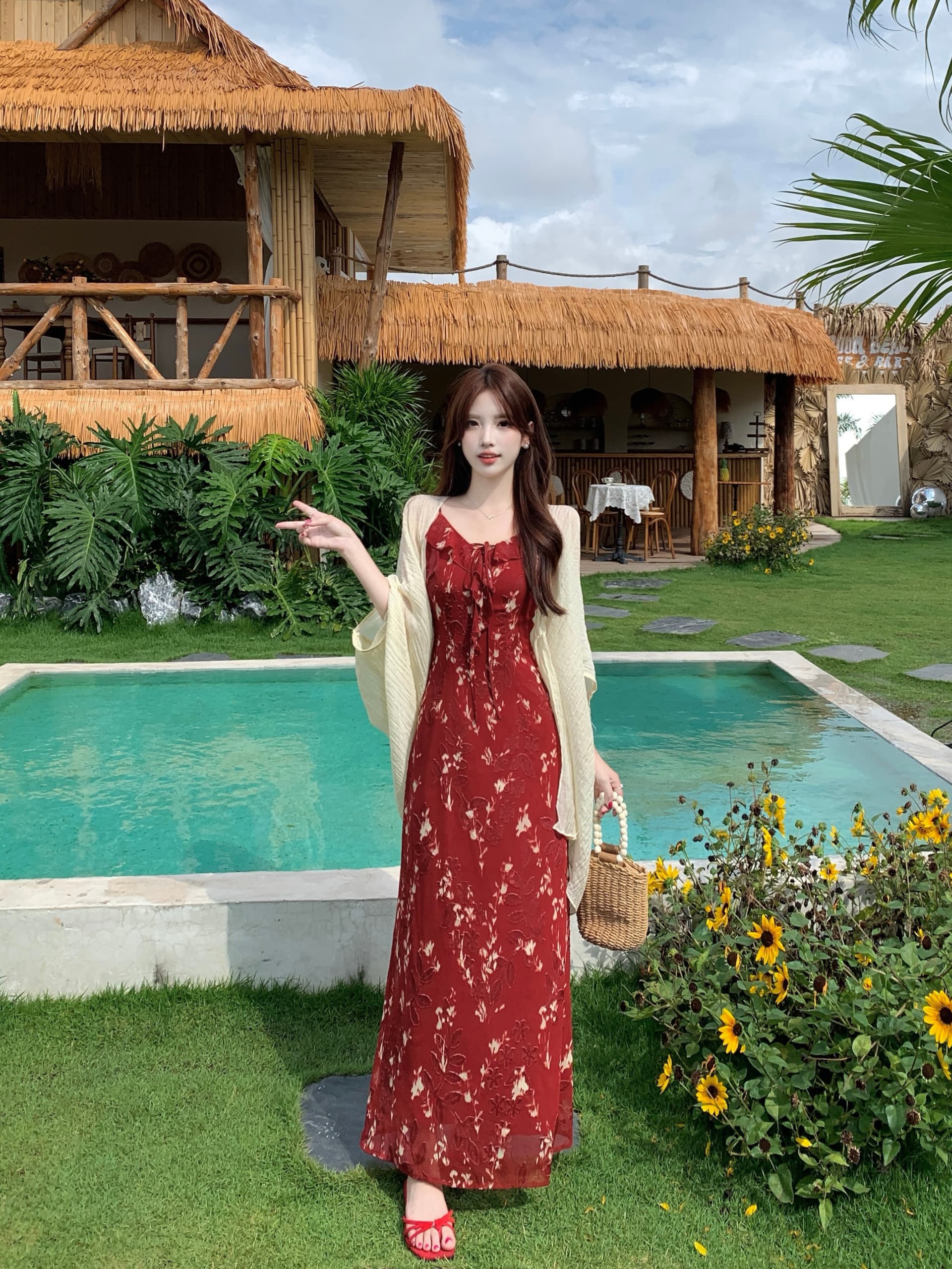 실사 빅 사이즈 레트로 전단 꽃 자수 휴가 바람 여성 드레스 여름 가벼움 쉬폰 빨간색 슬립 롱 스커트 상세 이미지 8