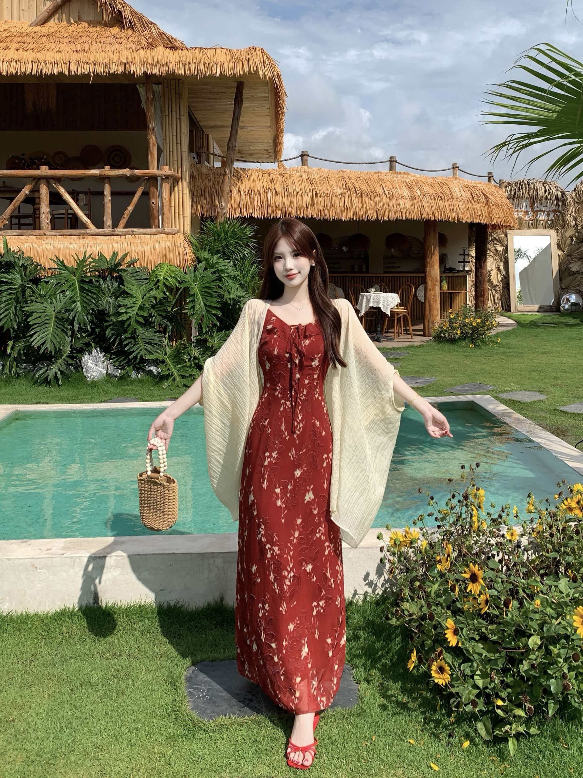 실사 빅 사이즈 레트로 전단 꽃 자수 휴가 바람 여성 드레스 여름 가벼움 쉬폰 빨간색 슬립 롱 스커트 상세 이미지 9
