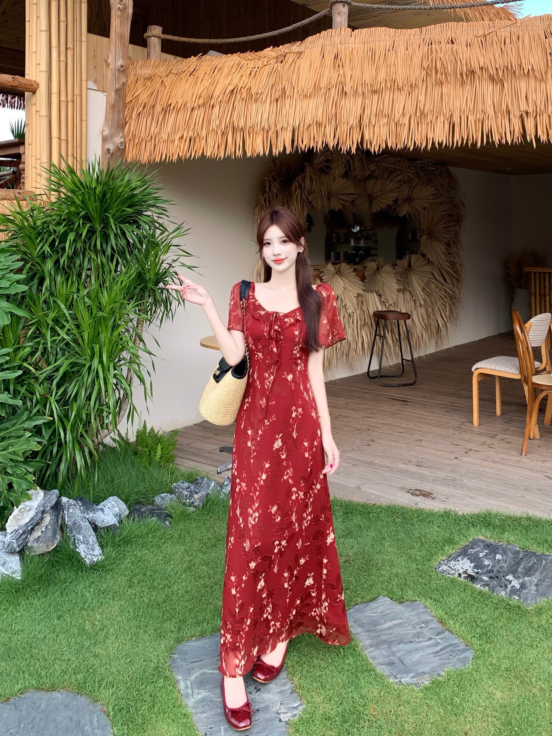 실사 빅 사이즈 레트로 전단 꽃 자수 휴가 바람 여성 드레스 여름 가벼움 쉬폰 빨간색 슬립 롱 스커트 상세 이미지 10