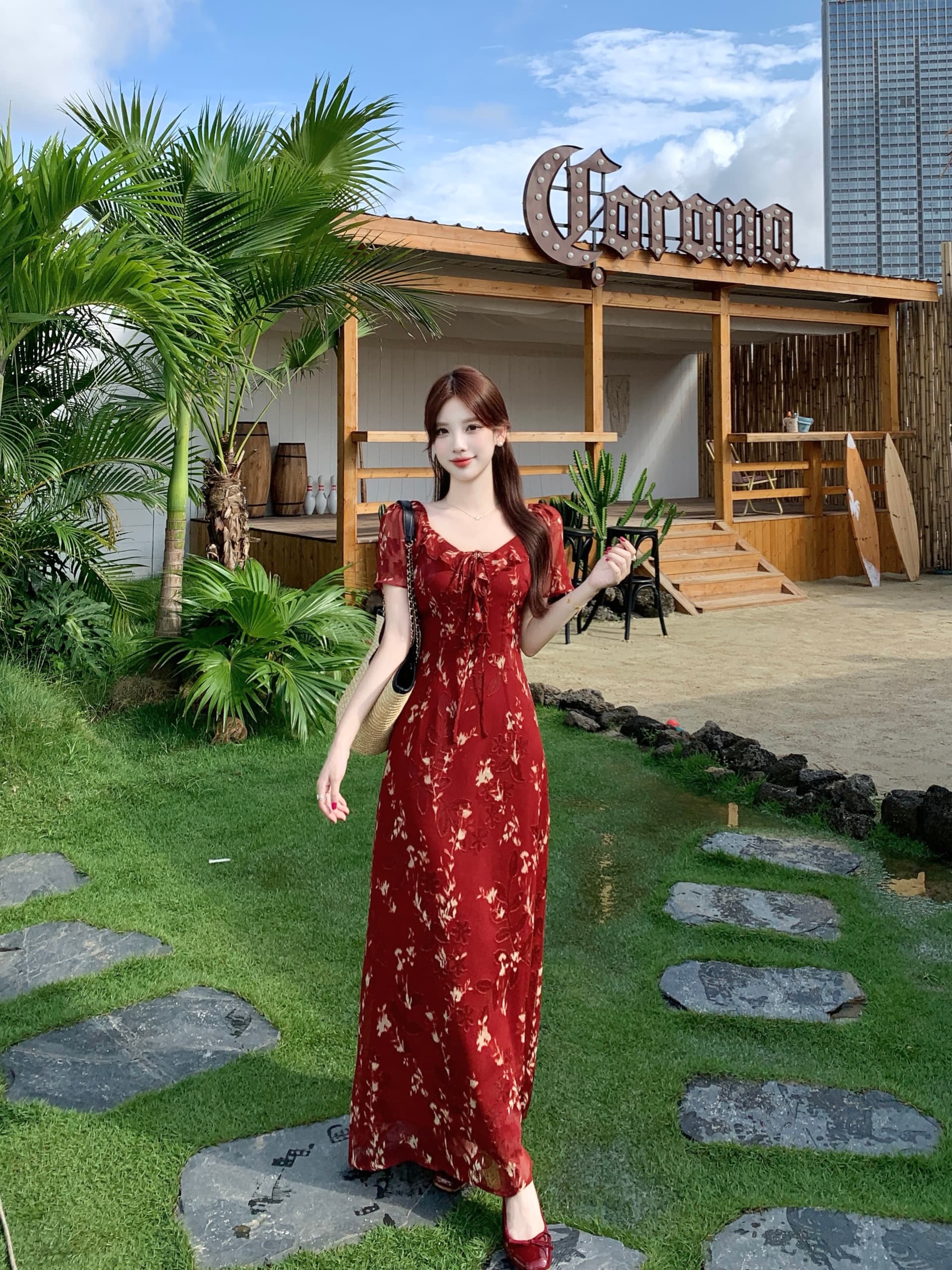 실사 빅 사이즈 레트로 전단 꽃 자수 휴가 바람 여성 드레스 여름 가벼움 쉬폰 빨간색 슬립 롱 스커트 상세 이미지 15