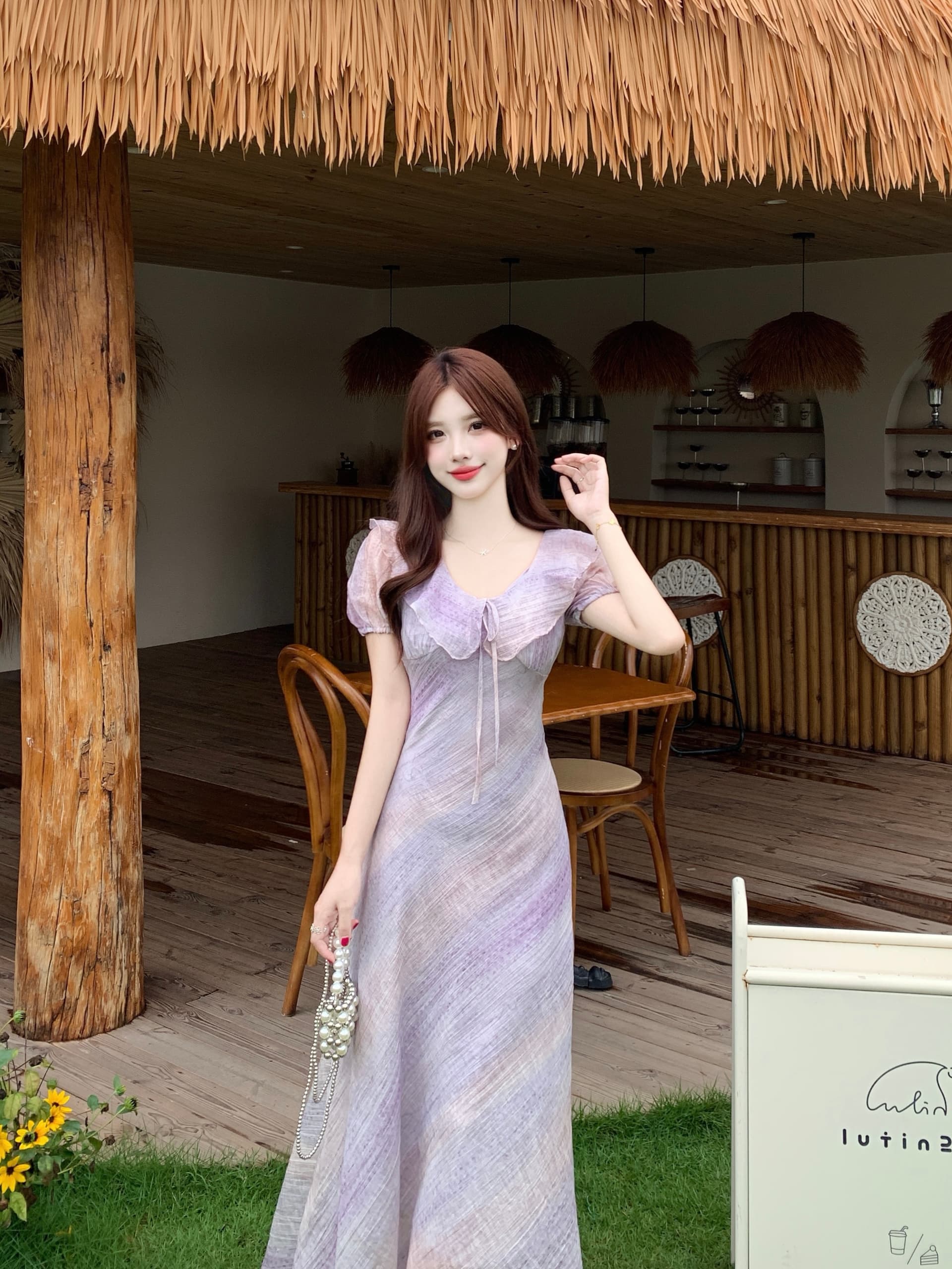 실사 빅 사이즈 보라색 프릴 꽃무늬 슬립 여성 드레스 여름 헤일로 염색 버블 반팔 쉬폰 롱 스커트 상세 이미지 3