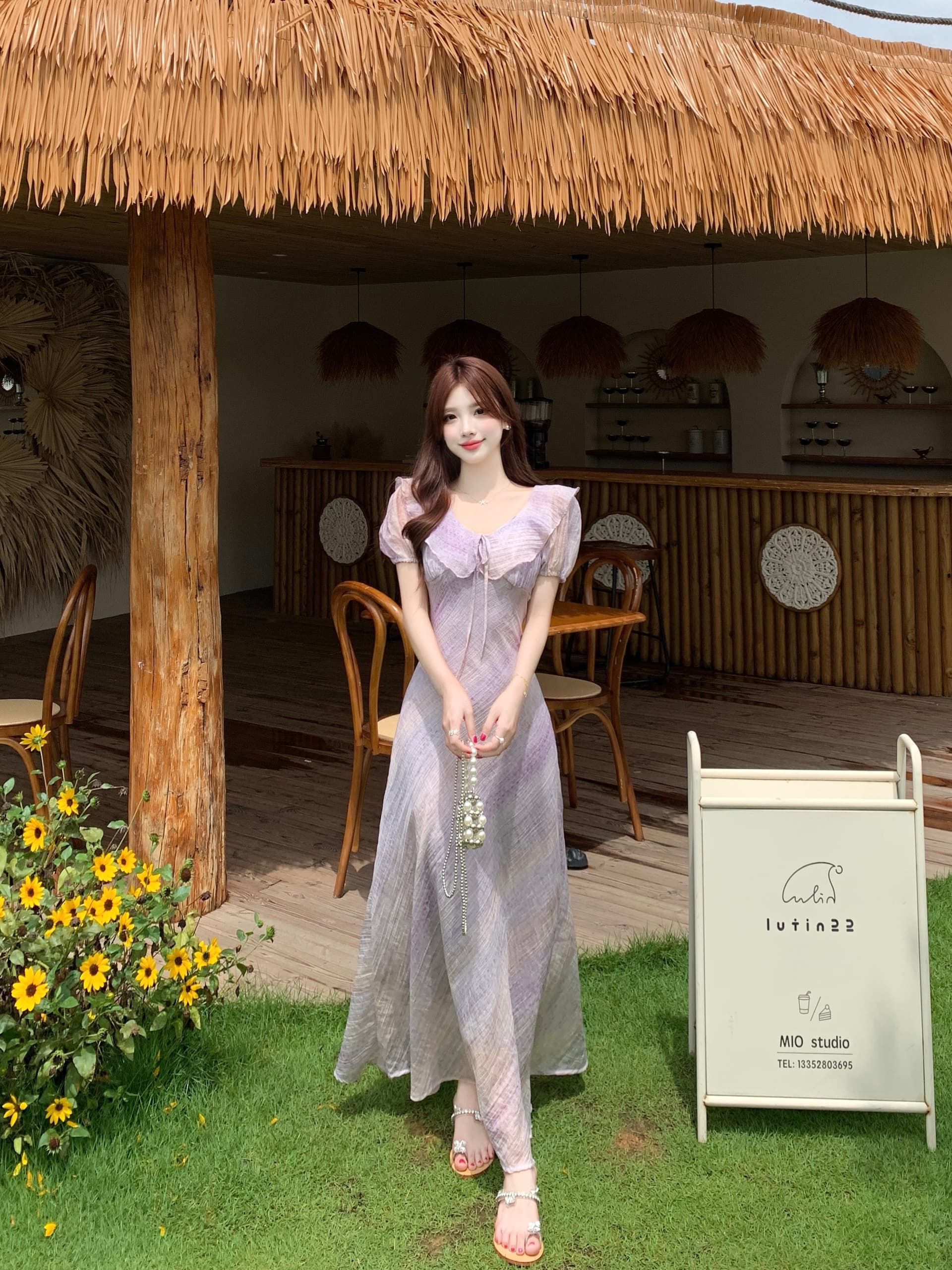 실사 빅 사이즈 보라색 프릴 꽃무늬 슬립 여성 드레스 여름 헤일로 염색 버블 반팔 쉬폰 롱 스커트 상세 이미지 10