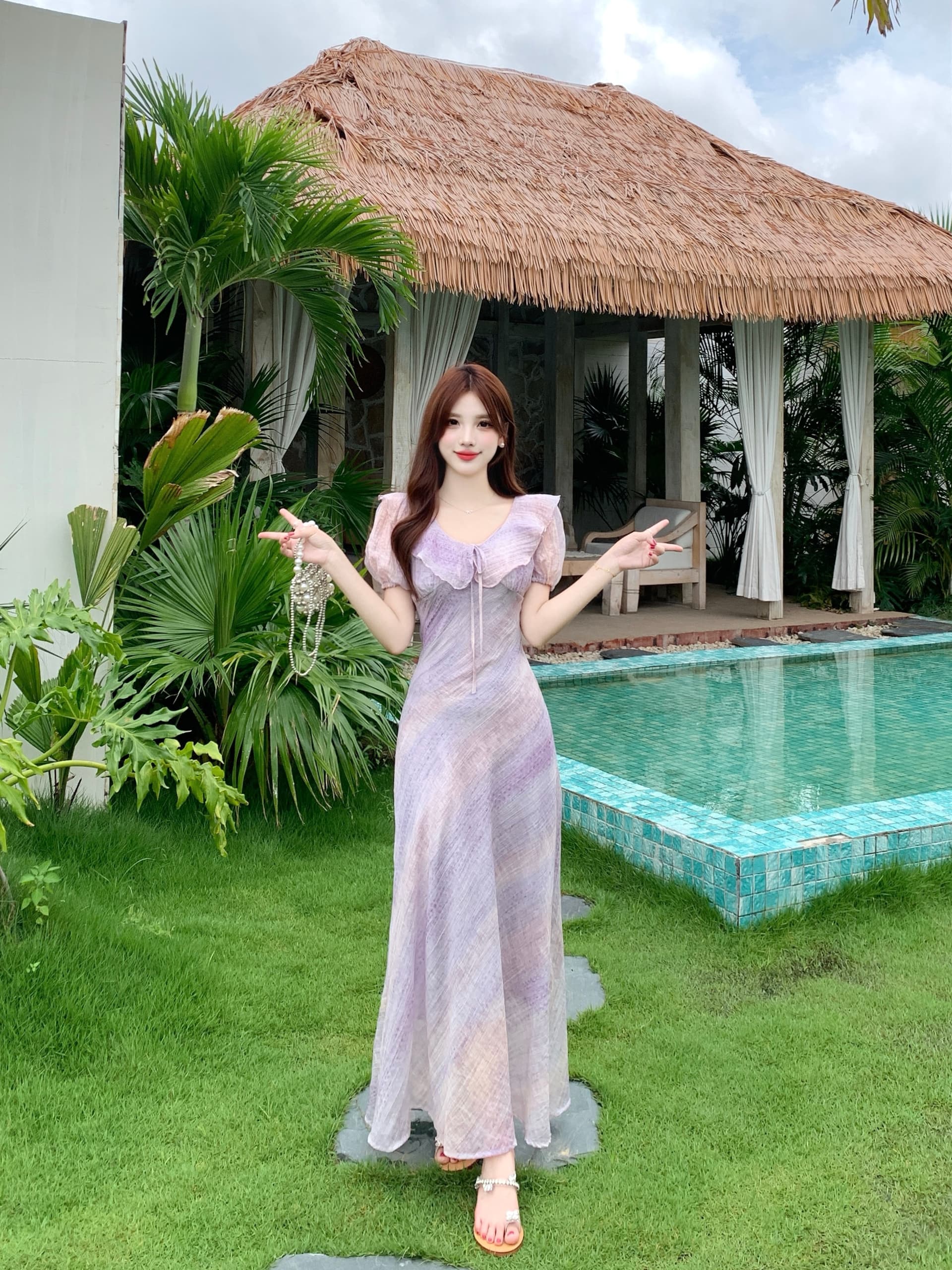 실사 빅 사이즈 보라색 프릴 꽃무늬 슬립 여성 드레스 여름 헤일로 염색 버블 반팔 쉬폰 롱 스커트 상세 이미지 12