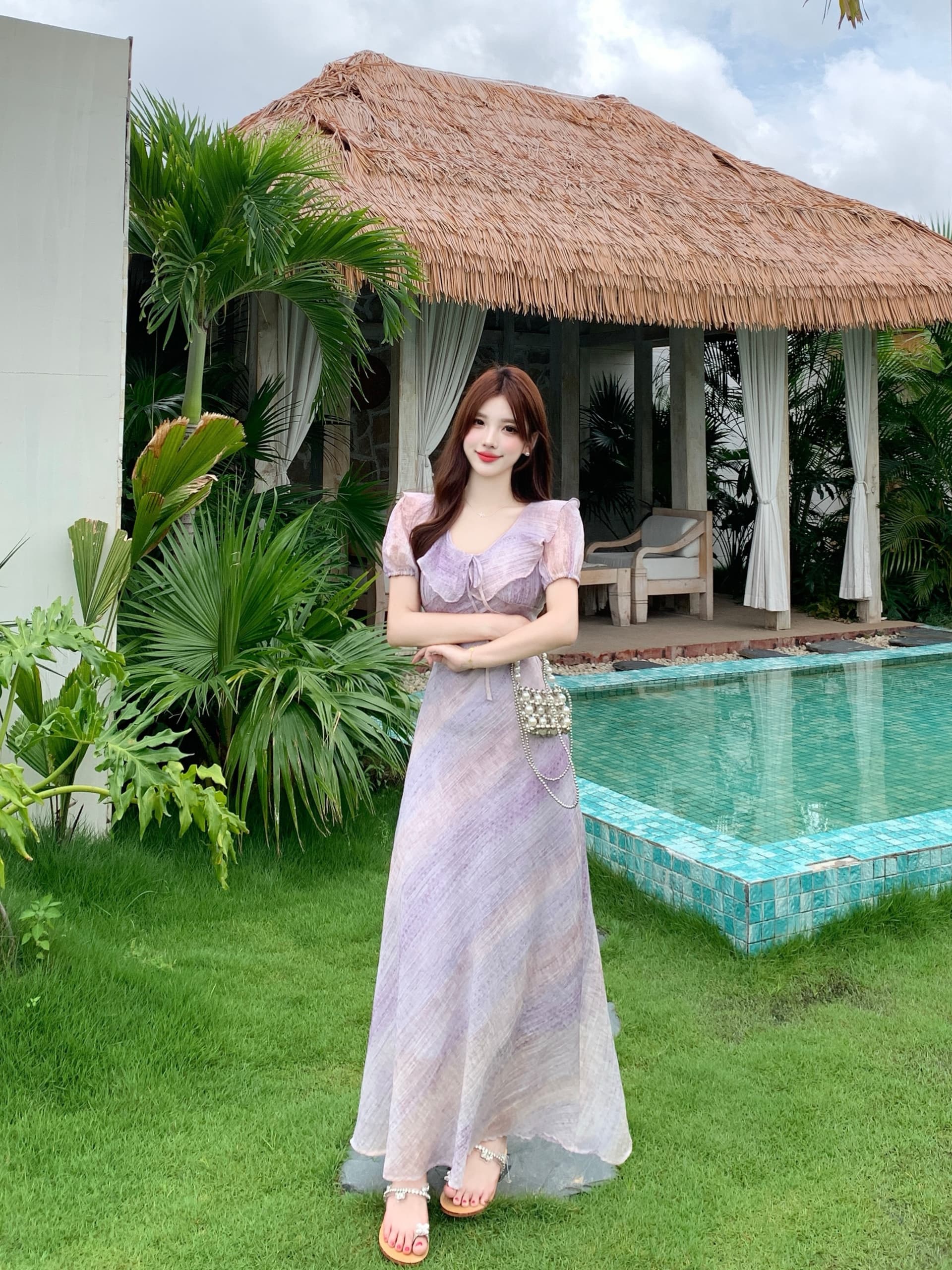 실사 빅 사이즈 보라색 프릴 꽃무늬 슬립 여성 드레스 여름 헤일로 염색 버블 반팔 쉬폰 롱 스커트 상세 이미지 14