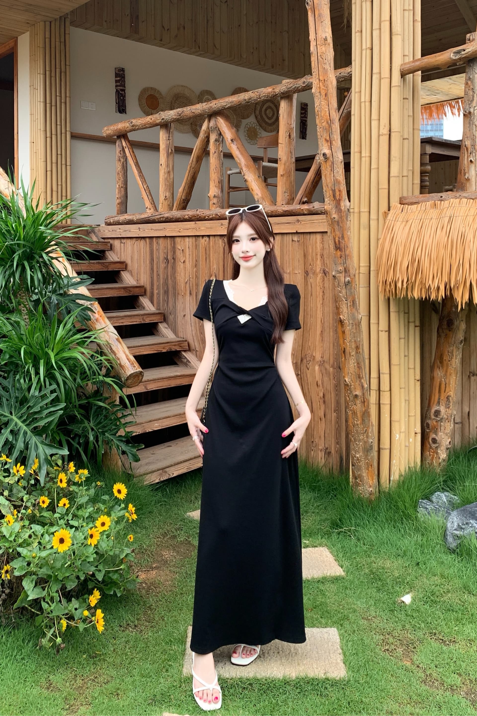 실사 빅 사이즈 여성 의류 프랑스식 순수한 욕망 바람 레이스 측면 V넥 드레스 마이크로 지방 소녀 허리 수축 슬림해 보이는 롱 스커트 이미지 5